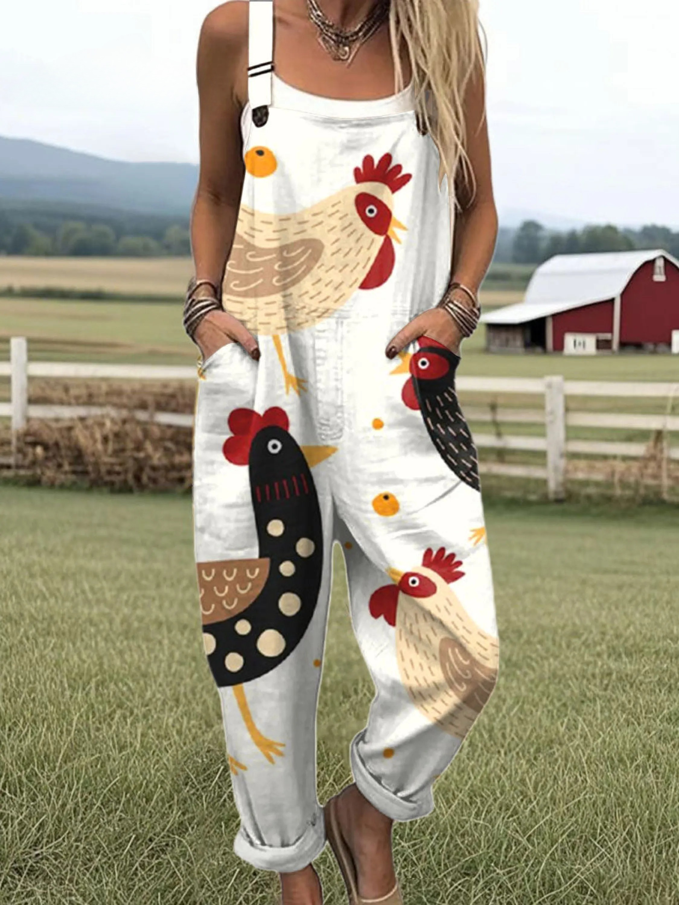 Women's  Funny Chick Art Print Casual Cotton Wide Leg Jumpsuit