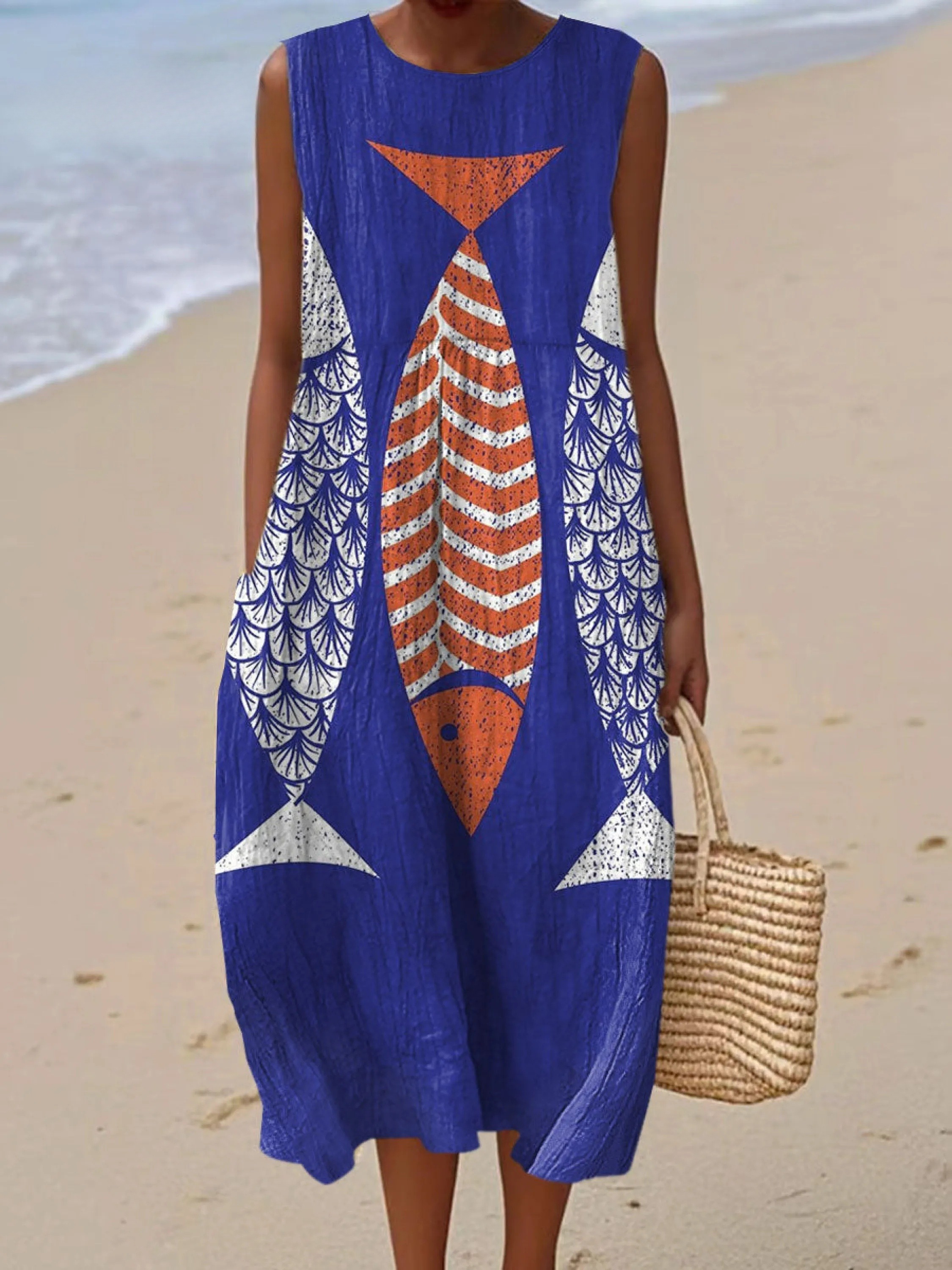 Women's Vintage Fish Art Print Sleeveless Cotton Pocket Wrap Dress