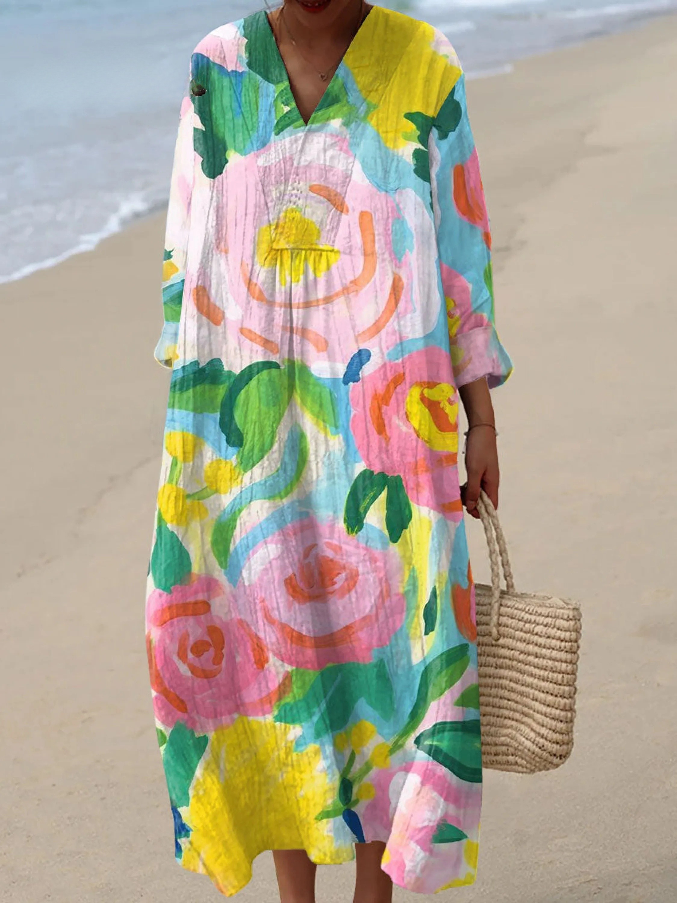 Women's Vintage Flower Art Print Casual Dress