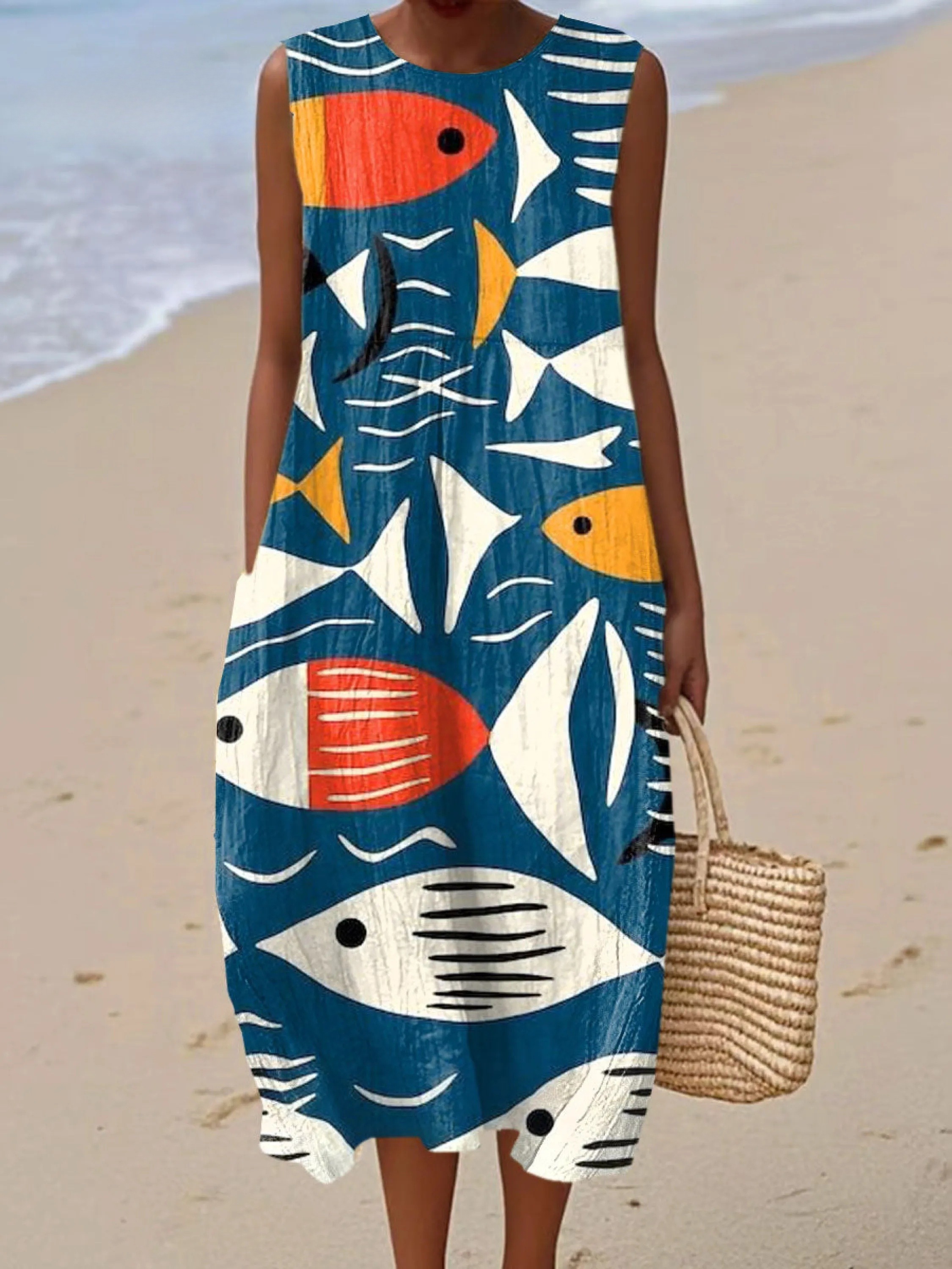 Women's Fish Vintage Art Print Sleeveless Cotton Pocket Wrap Dress