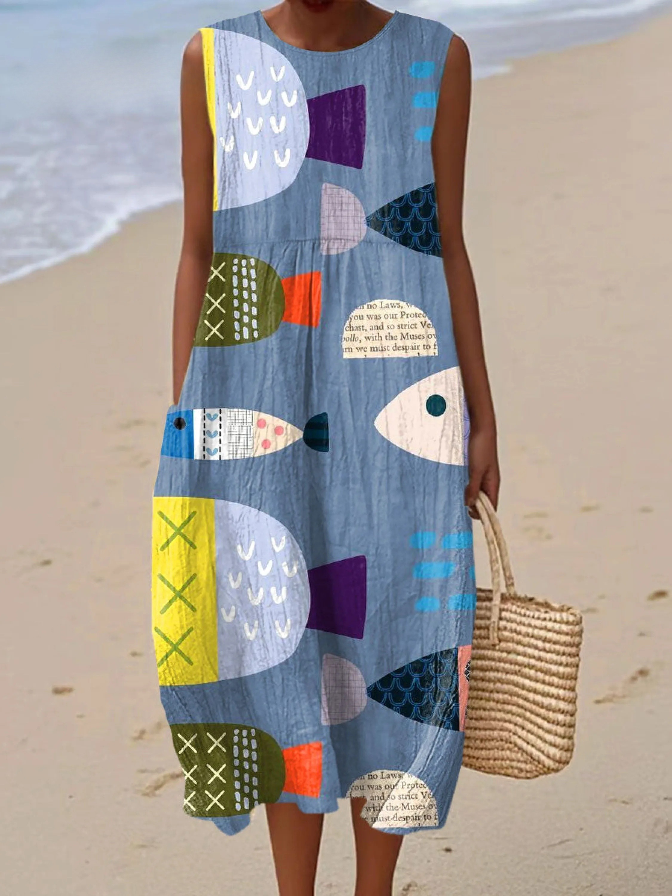 Women's Fish Vintage Art Print Sleeveless Cotton Pocket Wrap Dress