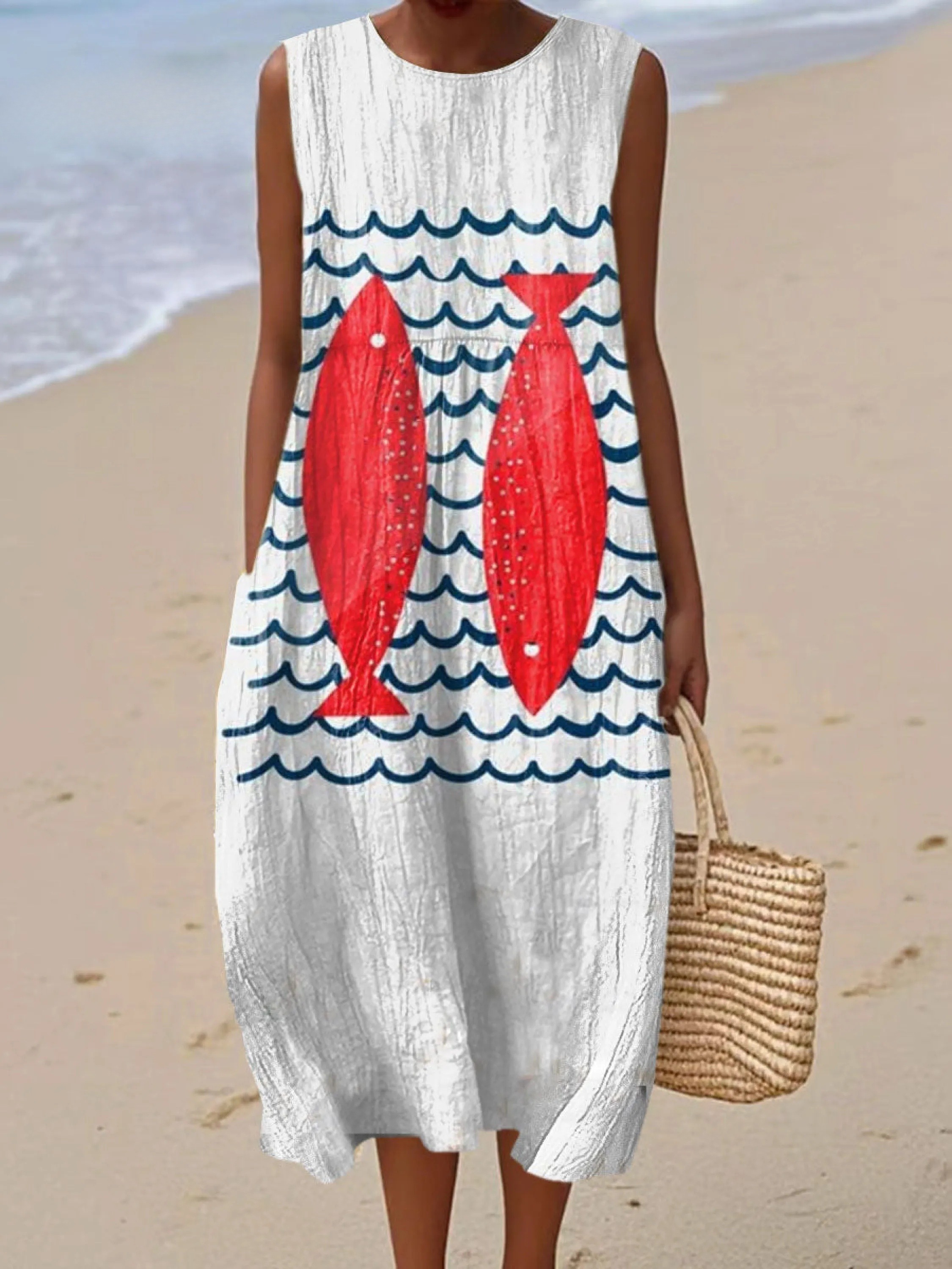 Women's Fish Vintage Art Print Sleeveless Cotton Pocket Wrap Dress