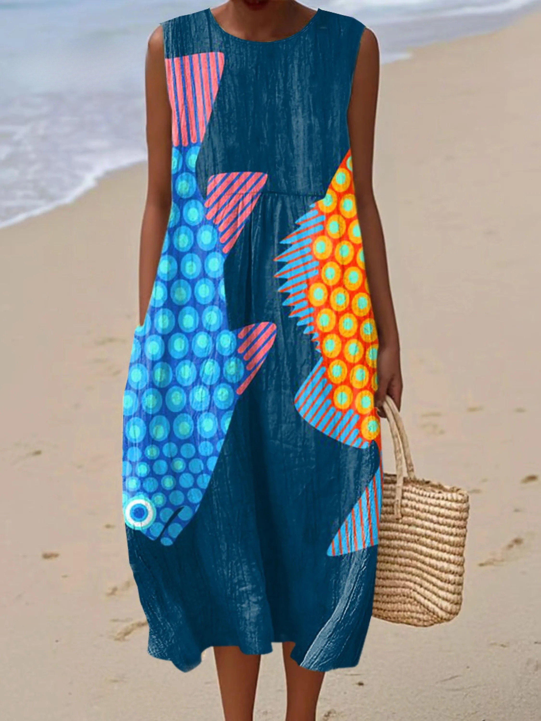 Women's Fish Vintage Art Print Sleeveless Cotton Pocket Wrap Dress