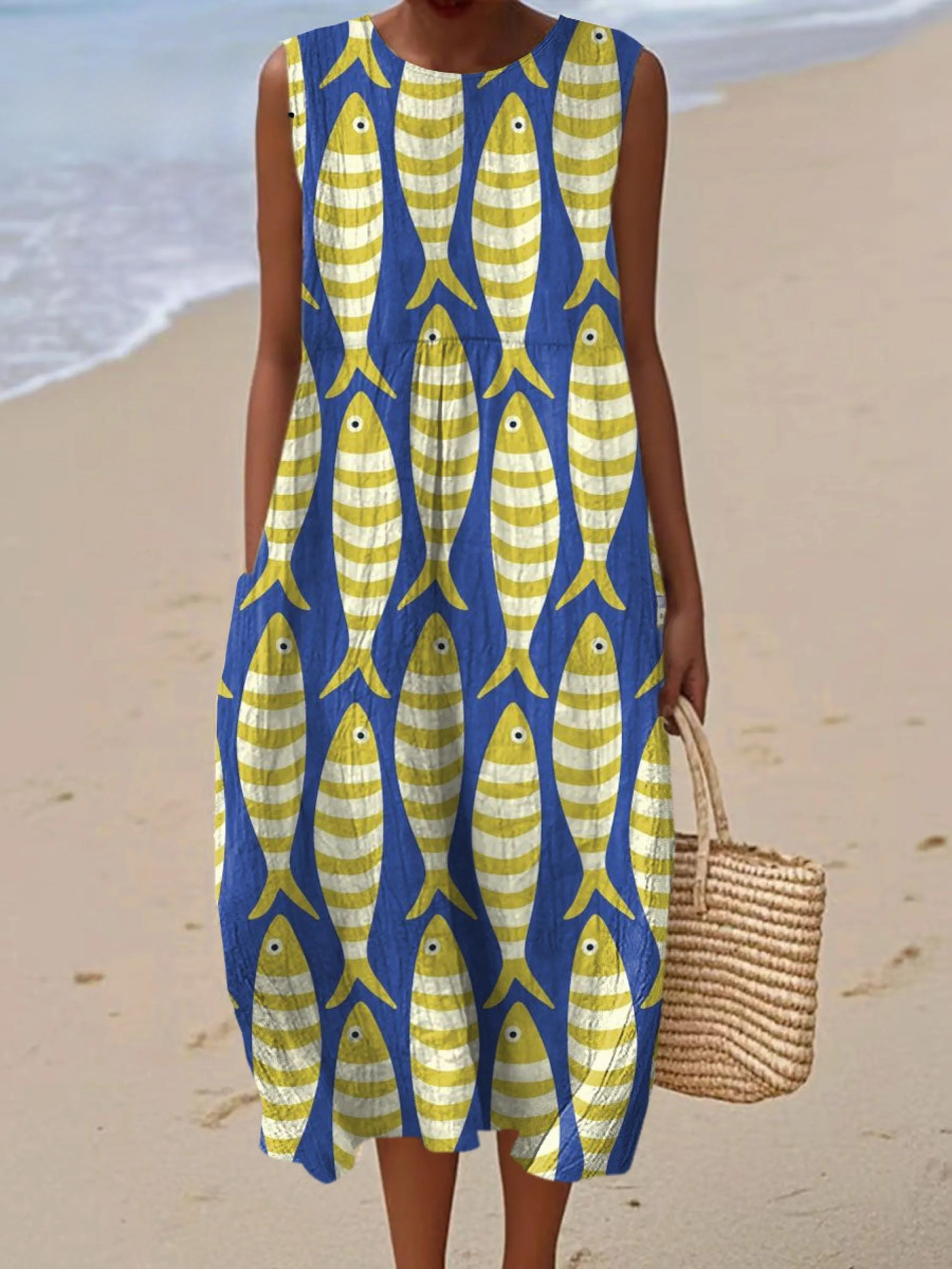 Women's Vintage Fish  Art Print Sleeveless Cotton Pocket Wrap Dress