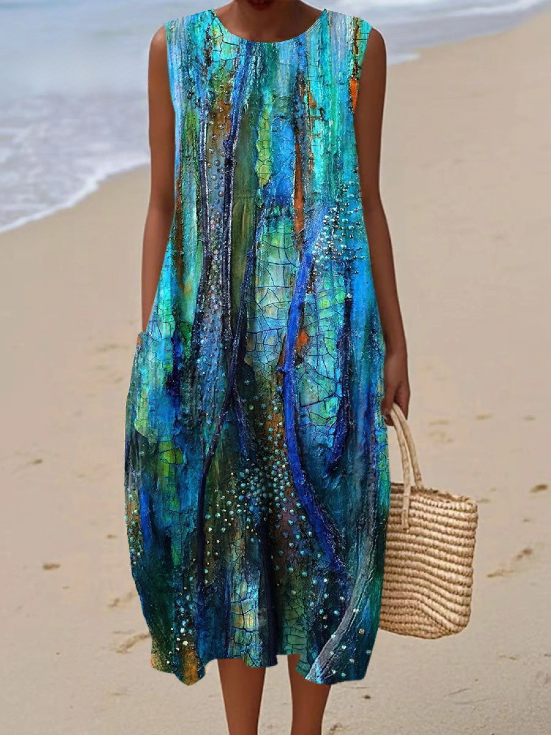 Women's  Ocean Vintage  Art Print Sleeveless Cotton Pocket Wrap Dress