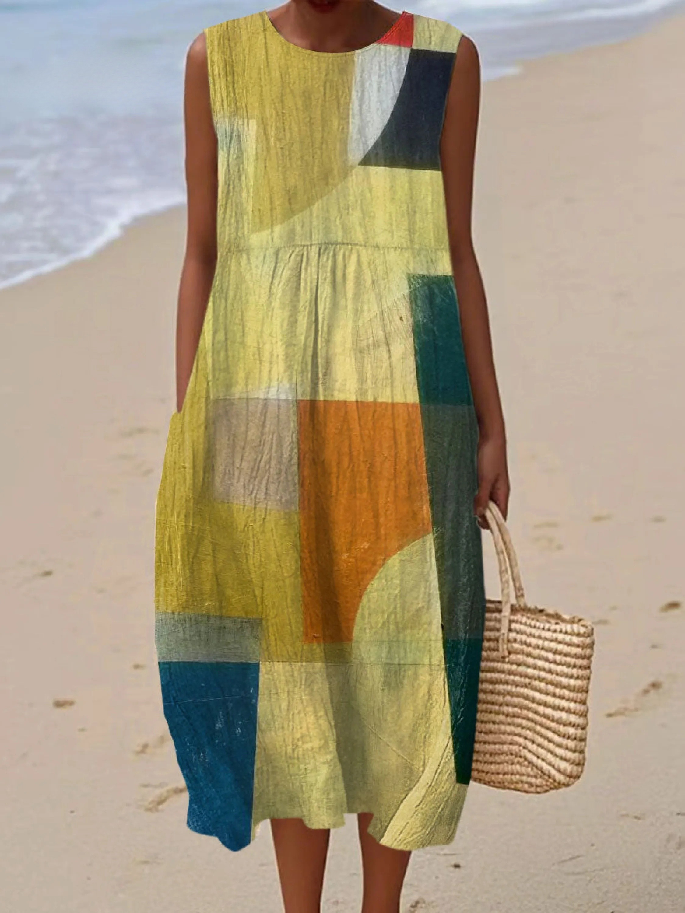 Women's Vintage Abstract Geometric Art Print Sleeveless Cotton Pocket Wrap Dress