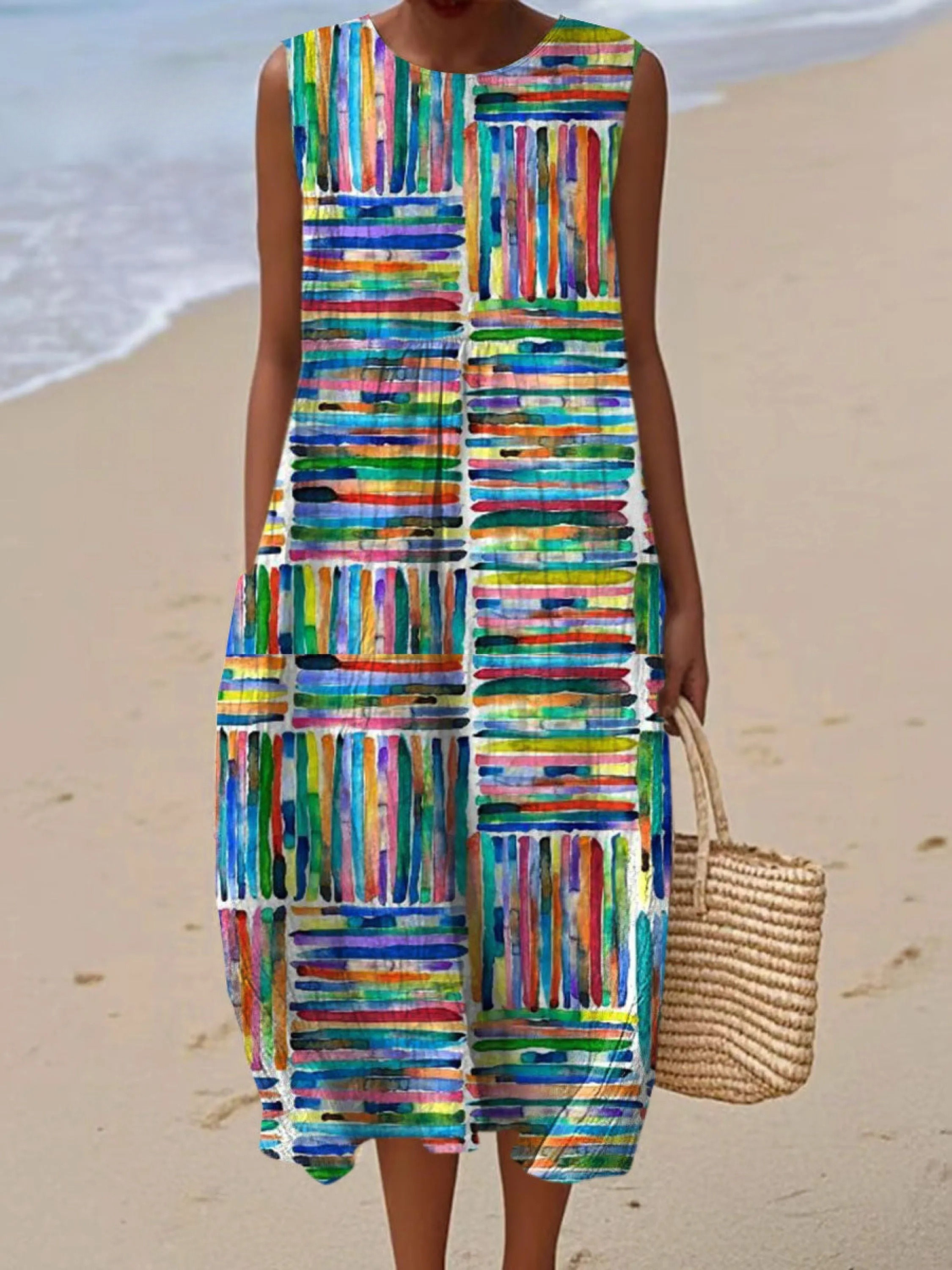 Women's Vintage Abstract Geometric Art Print Sleeveless Cotton Pocket Wrap Dress