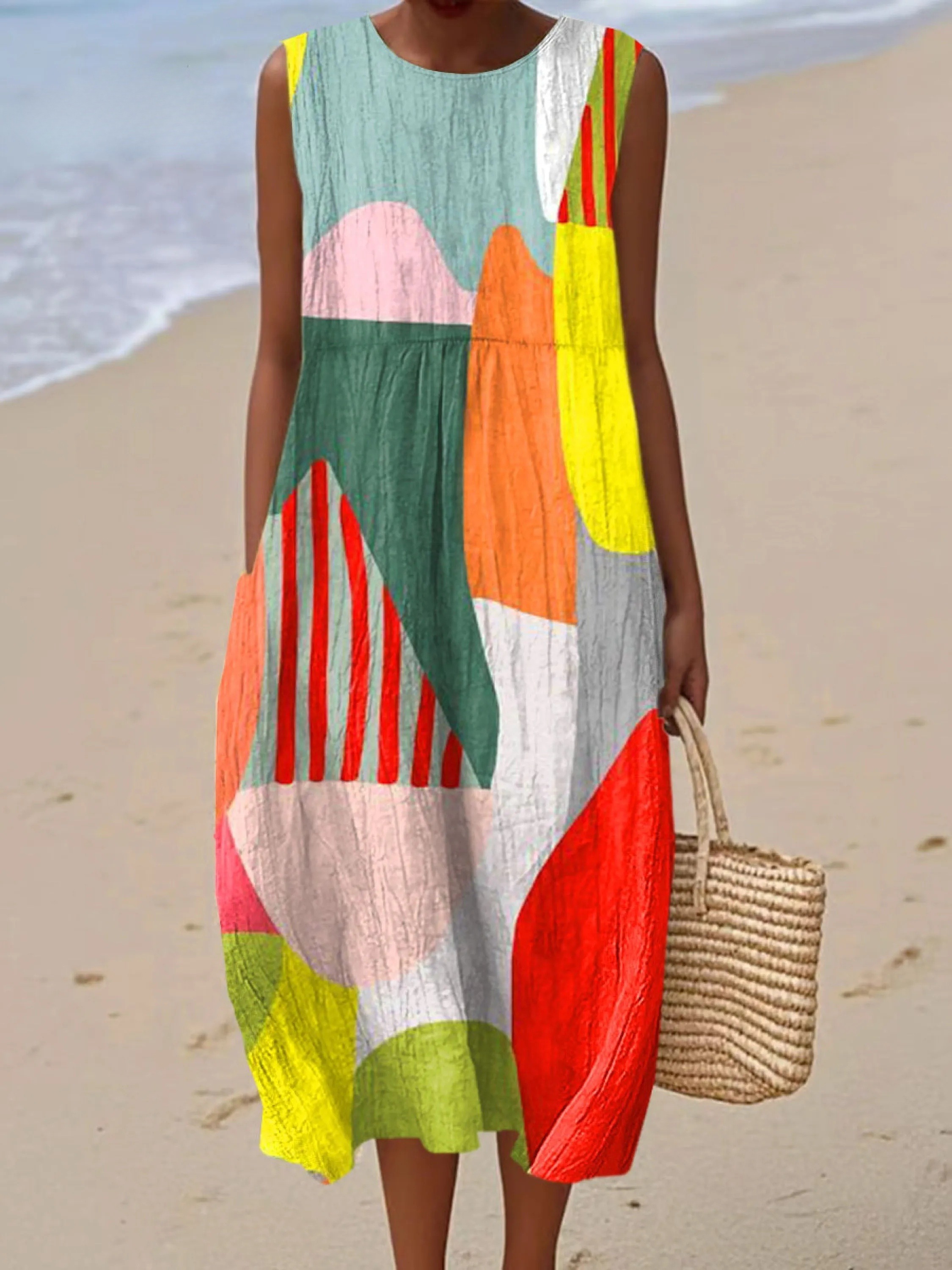 Women's Vintage Abstract Geometric Art Print Sleeveless Cotton Pocket Wrap Dress