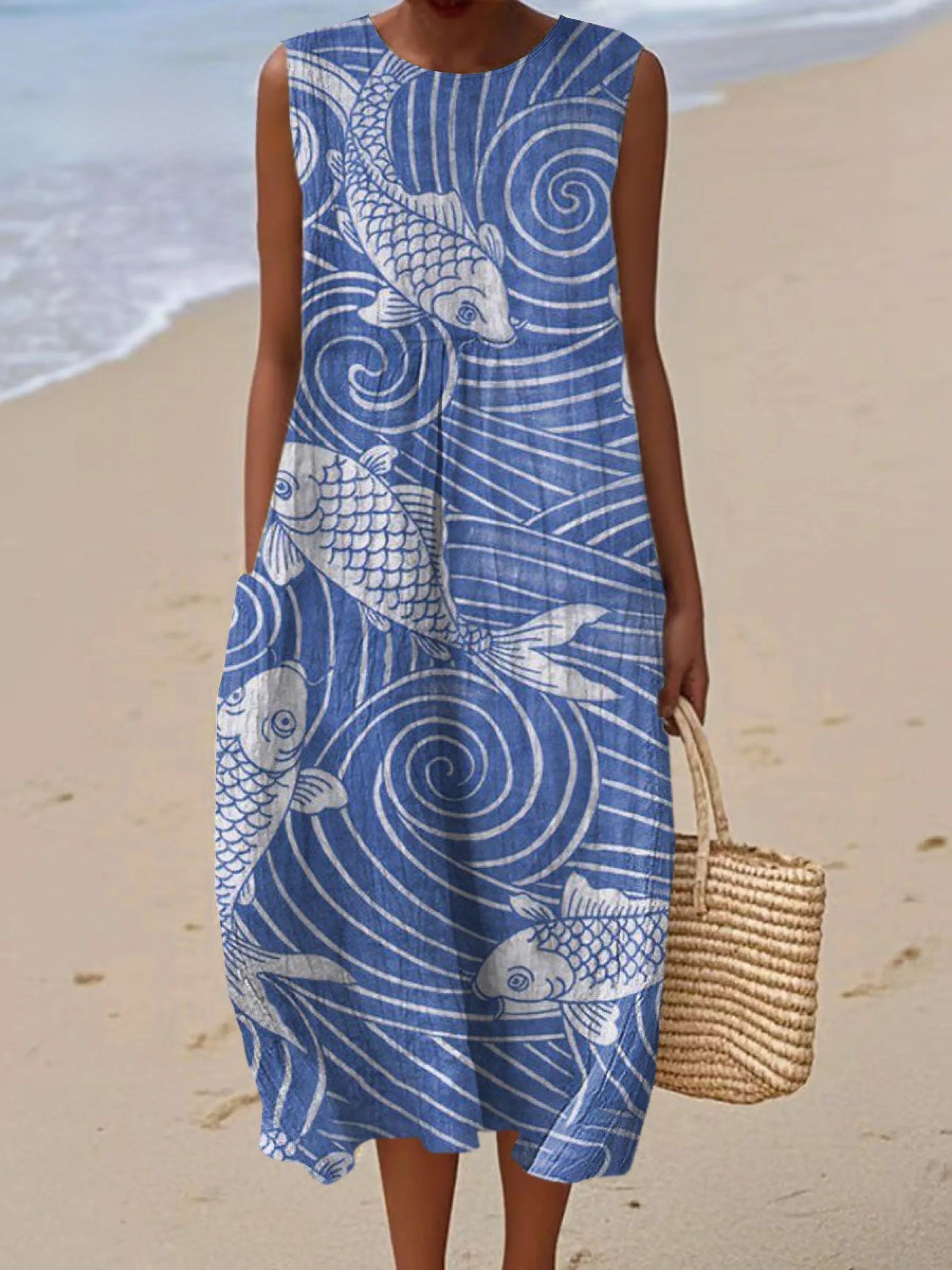 Women's Fish Vintage Art Print Sleeveless Cotton Pocket Wrap Dress