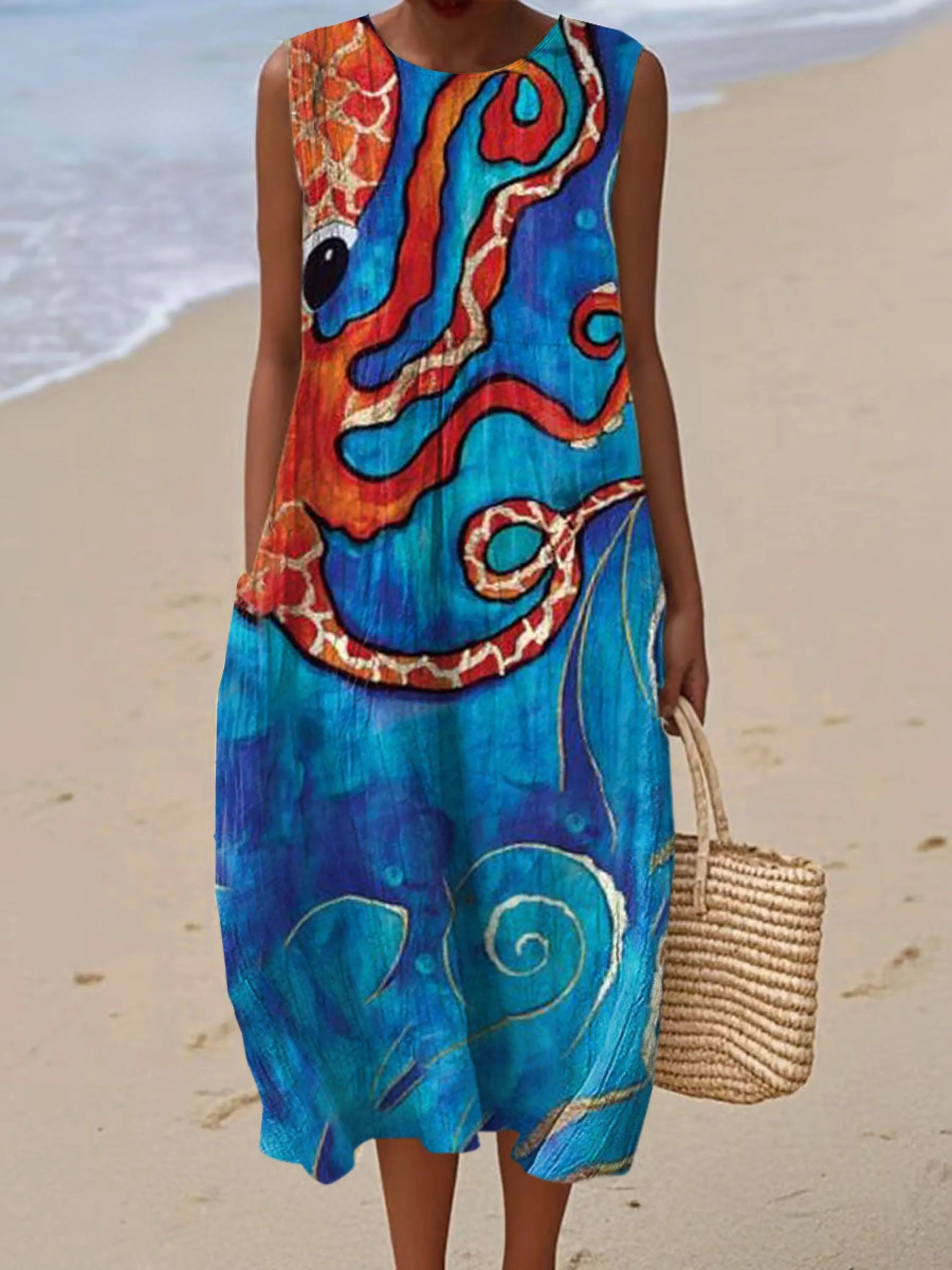 Women's Octopus Vintage Art Print Sleeveless Cotton Pocket Wrap Dress