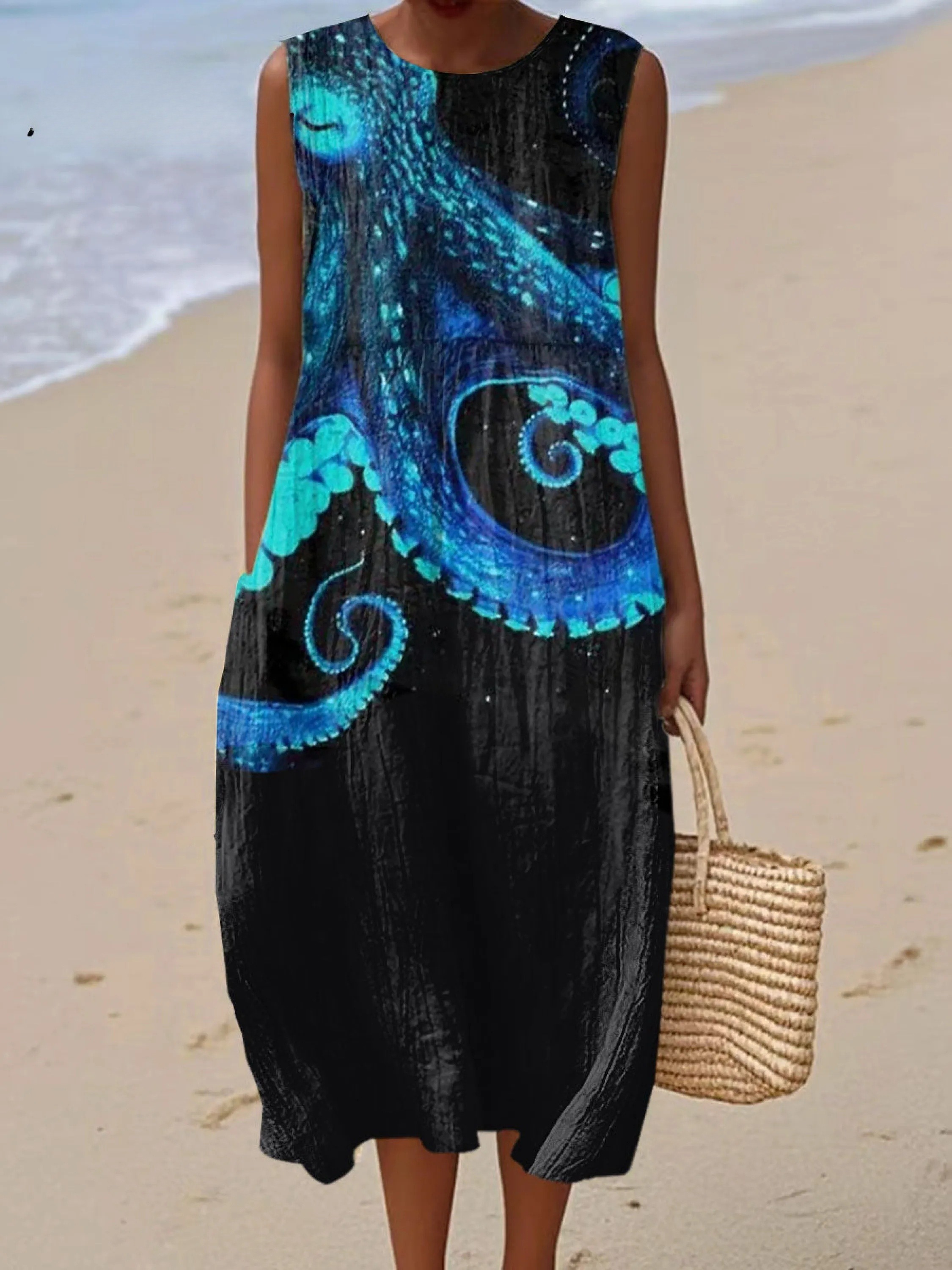 Women's Octopus Vintage Art Print Sleeveless Cotton Pocket Wrap Dress