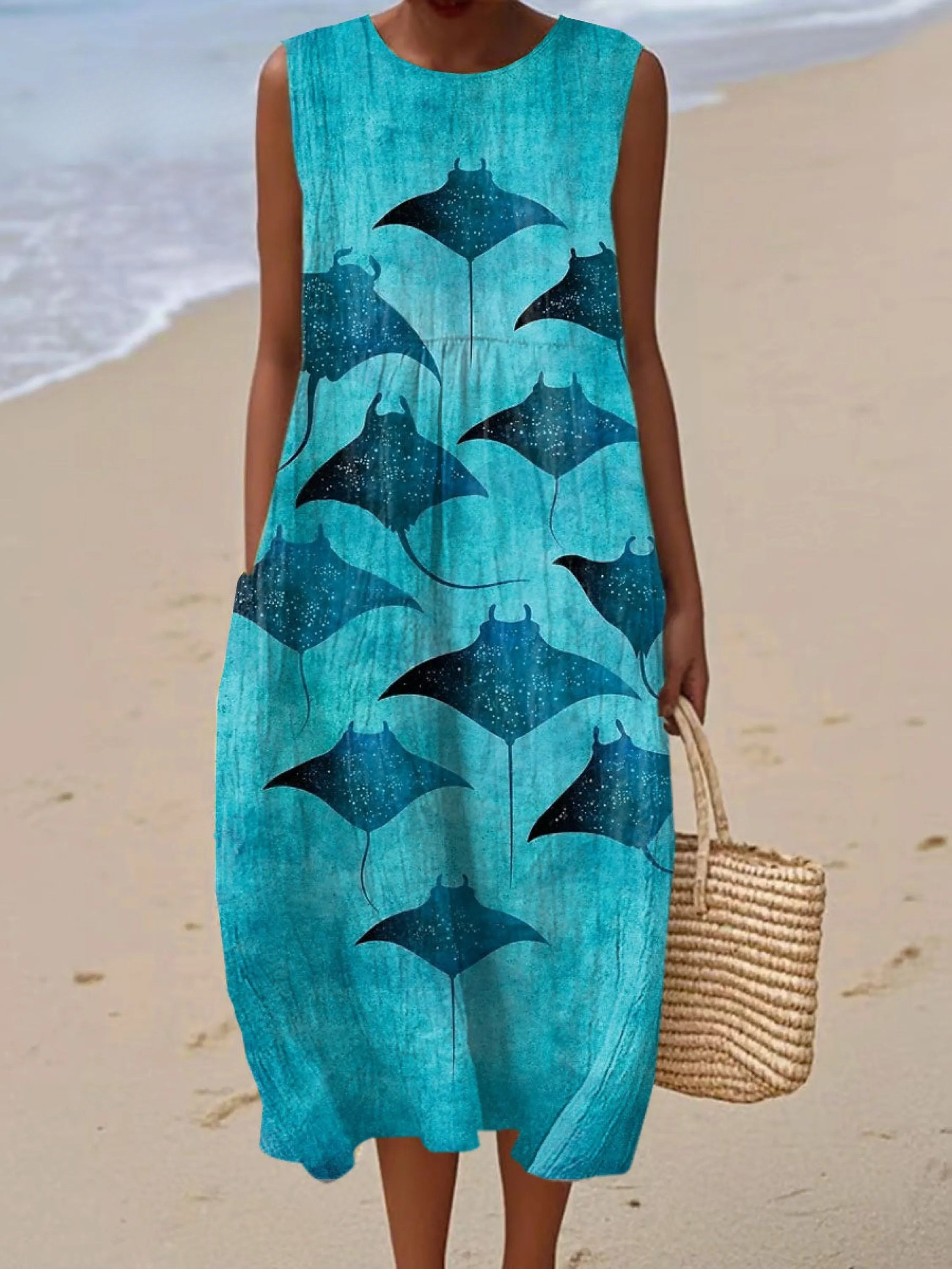 Women's  Manta Ray Vintage Art Print Sleeveless Cotton Pocket Wrap Dress