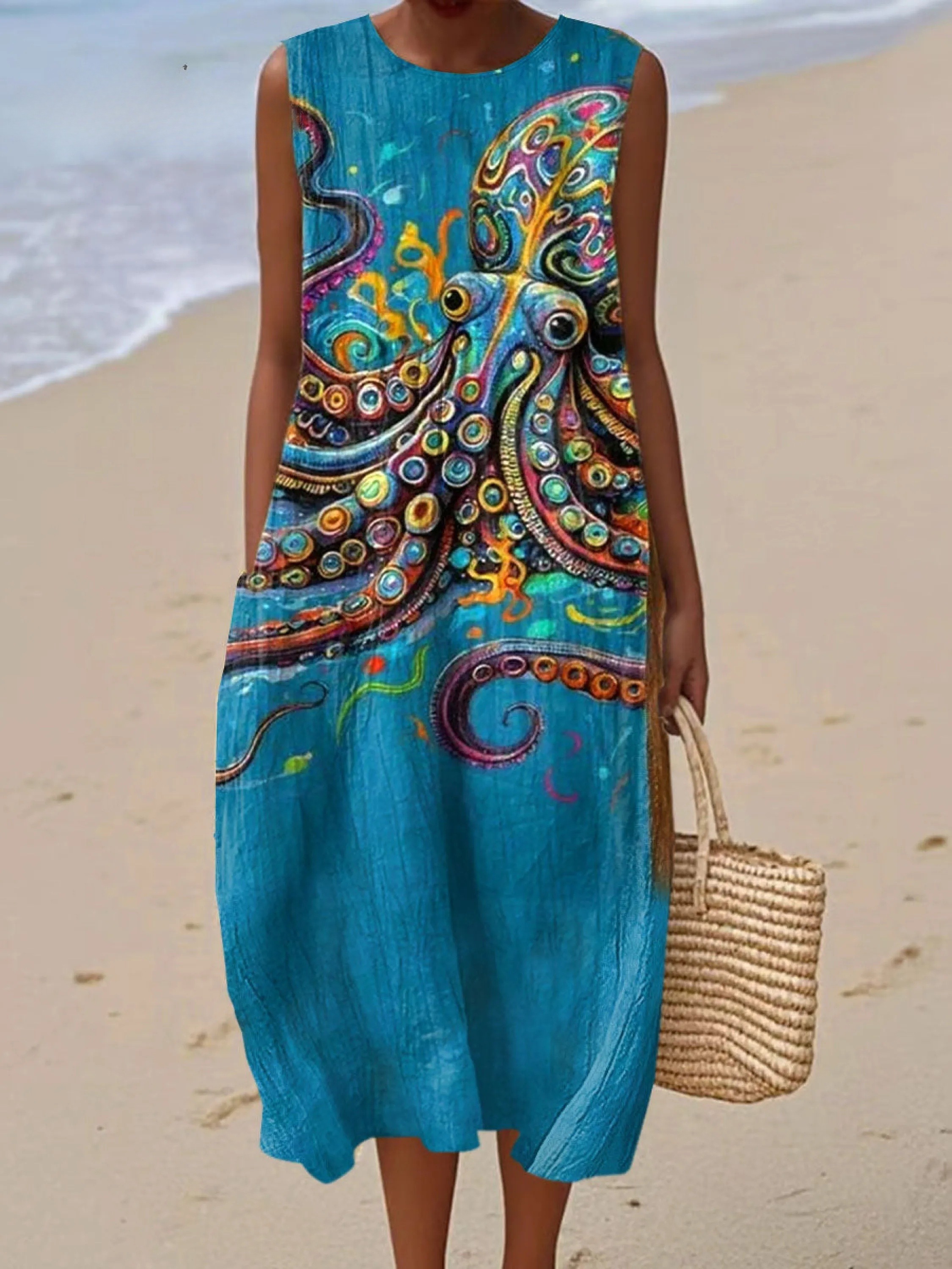 Women's Octopus Vintage Art Print Sleeveless Cotton Pocket Wrap Dress
