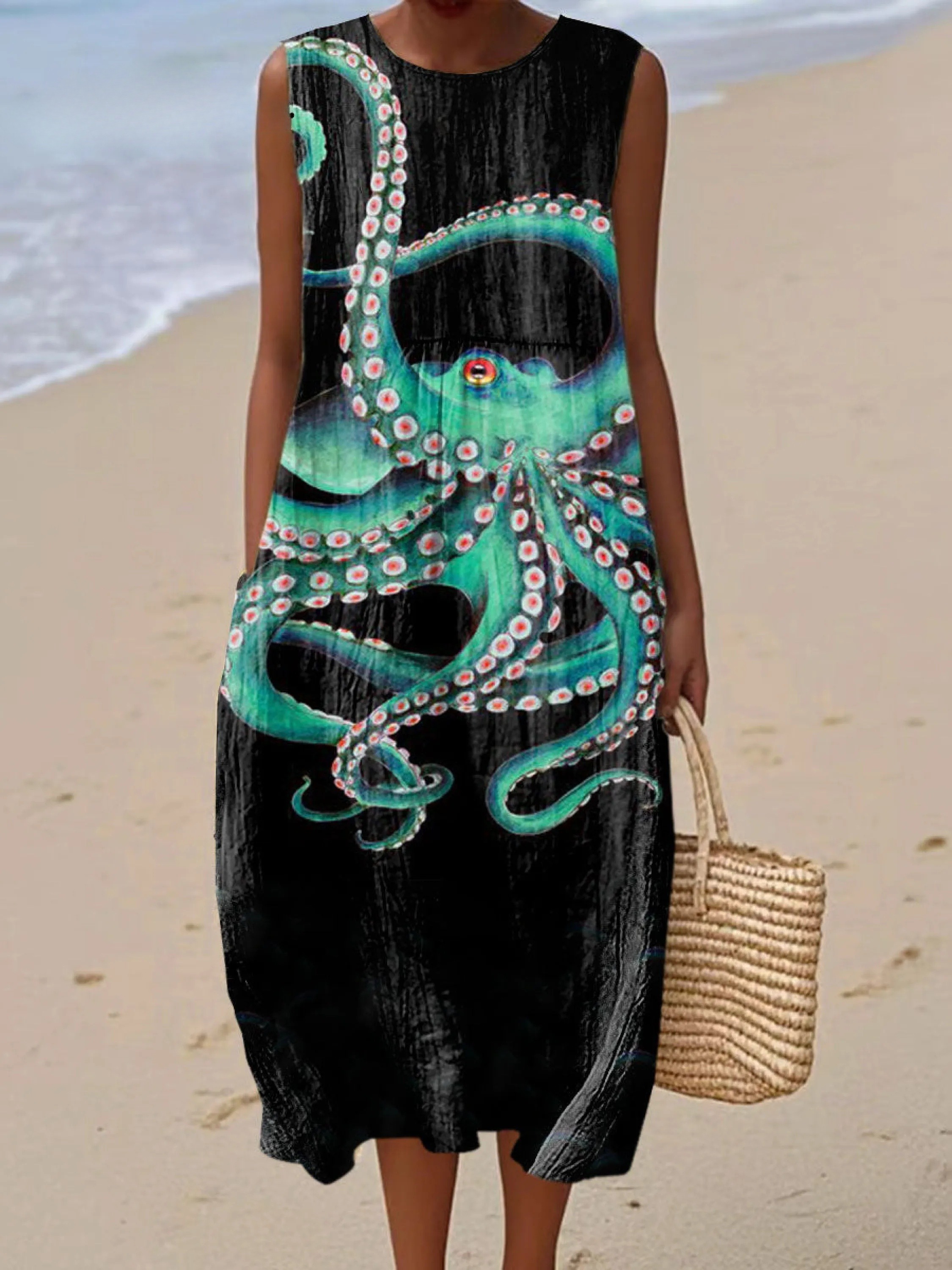 Women's Octopus Vintage Art Print Sleeveless Cotton Pocket Wrap Dress