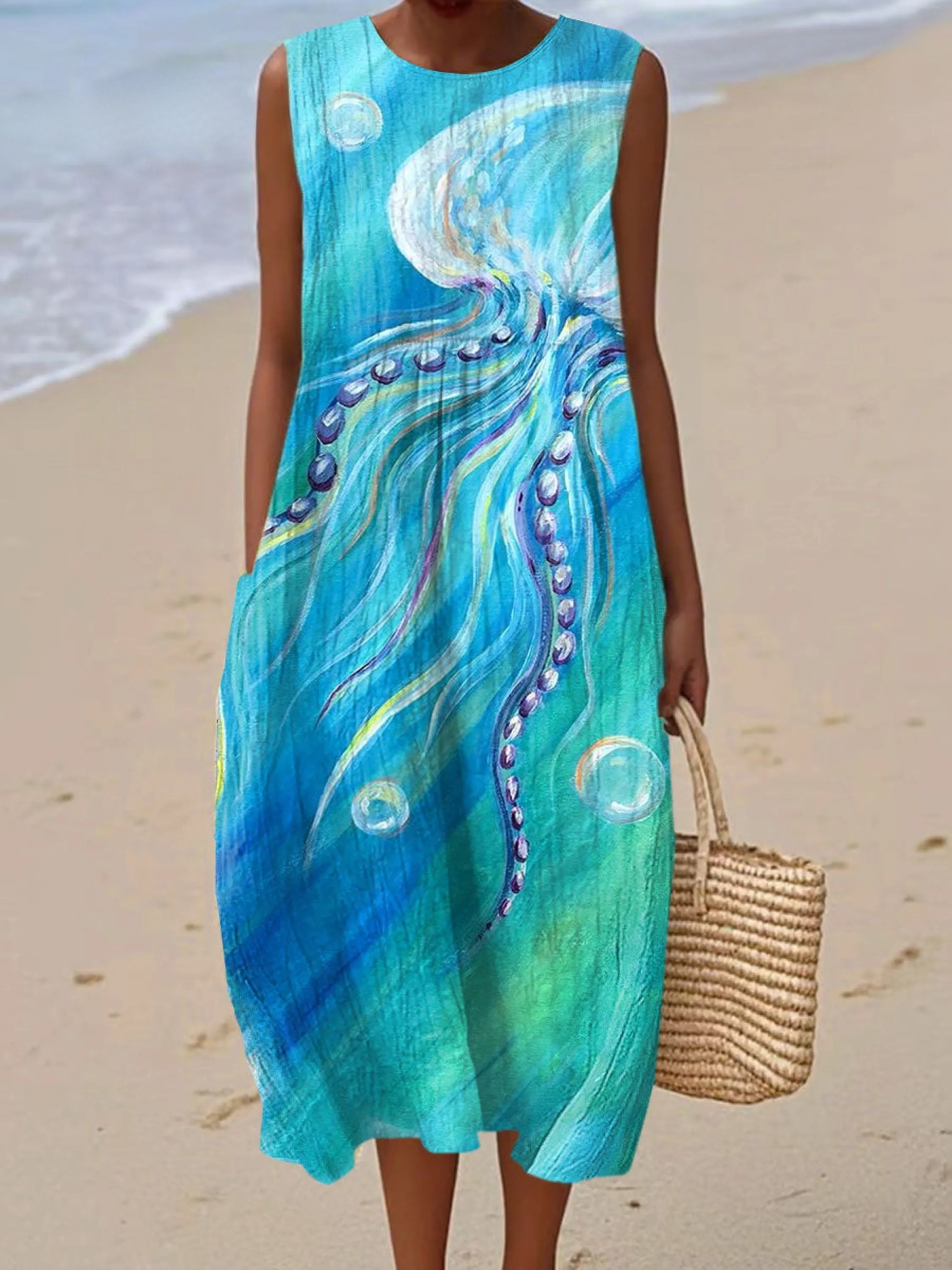 Women's  Jellyfish Vintage Art Print Sleeveless Cotton Pocket Wrap Dress