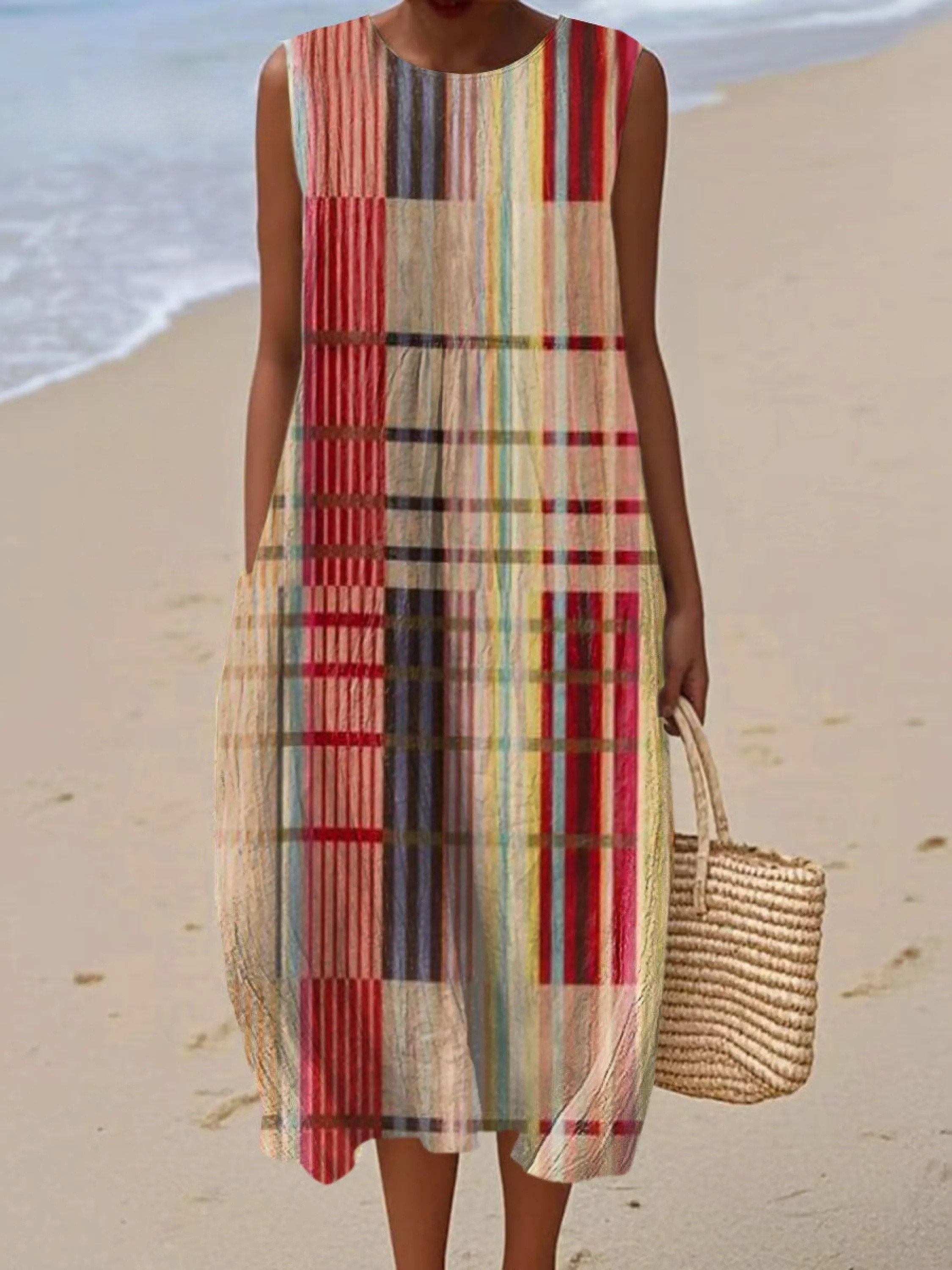Women's Vintage Abstract Geometric Art Print Sleeveless Cotton Pocket Wrap Dress