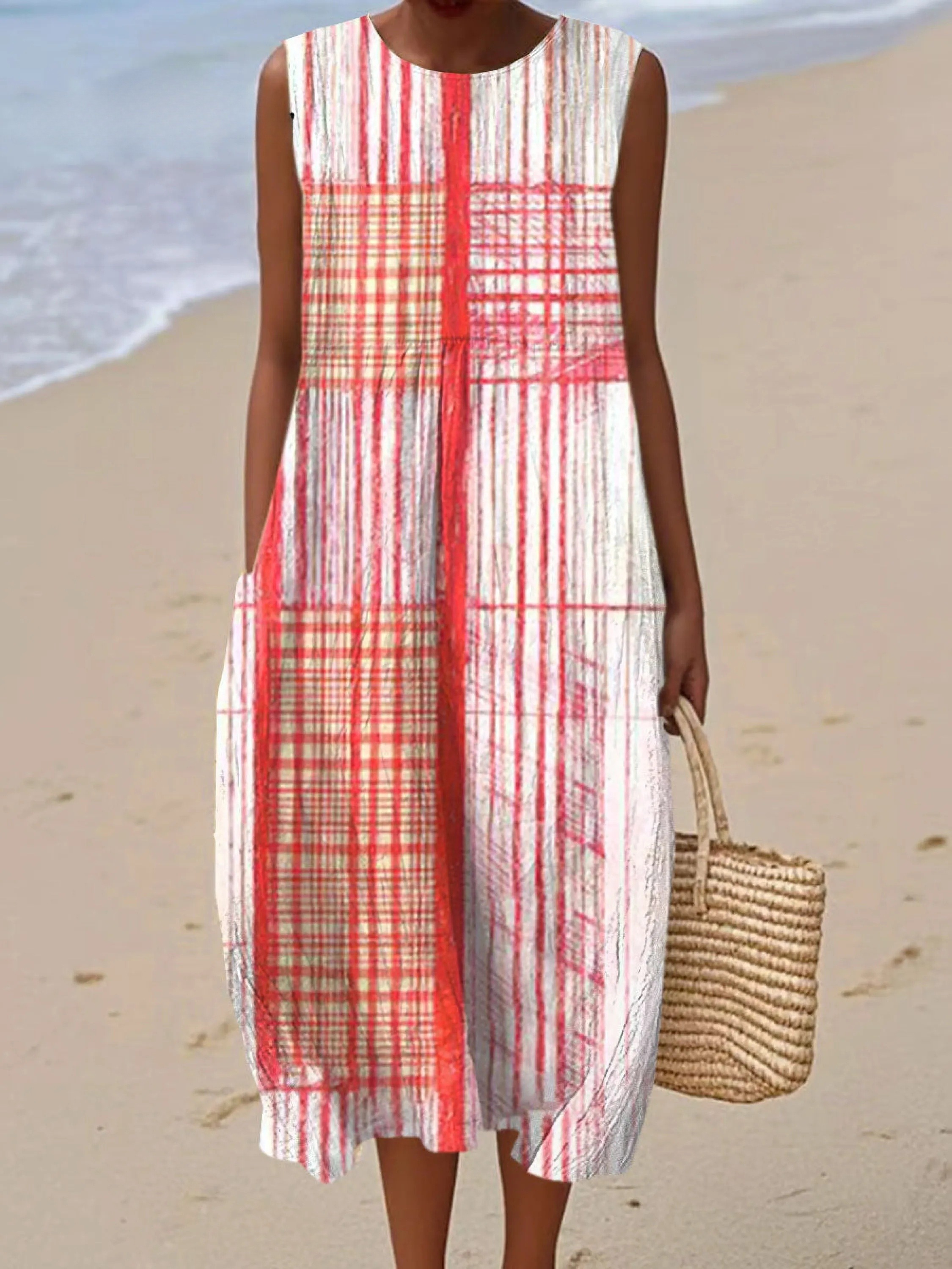 Women's Vintage Abstract Geometric Art Print Sleeveless Cotton Pocket Wrap Dress