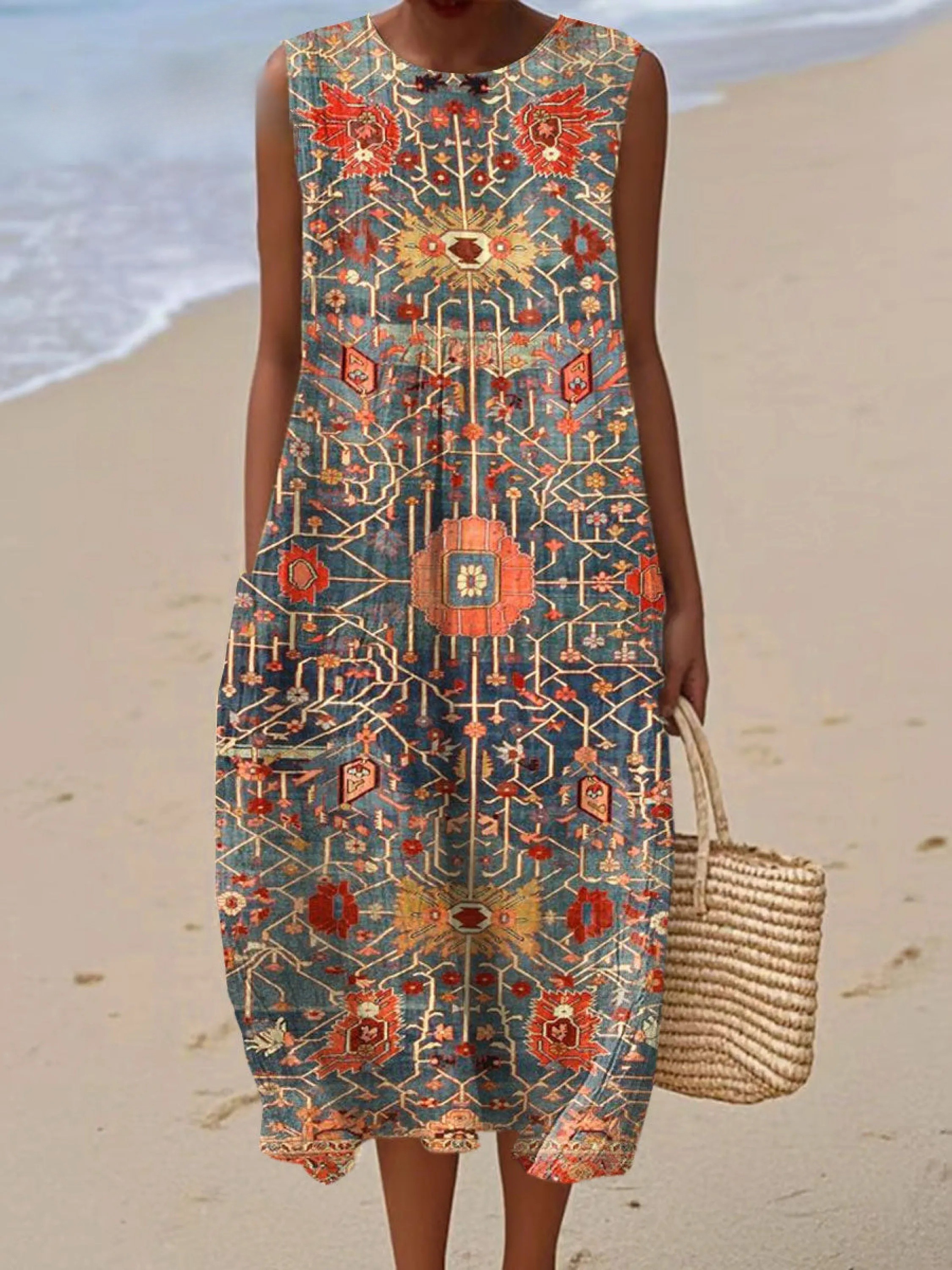 Women's Vintage Flower Art Print Sleeveless Cotton Pocket Wrap Dress