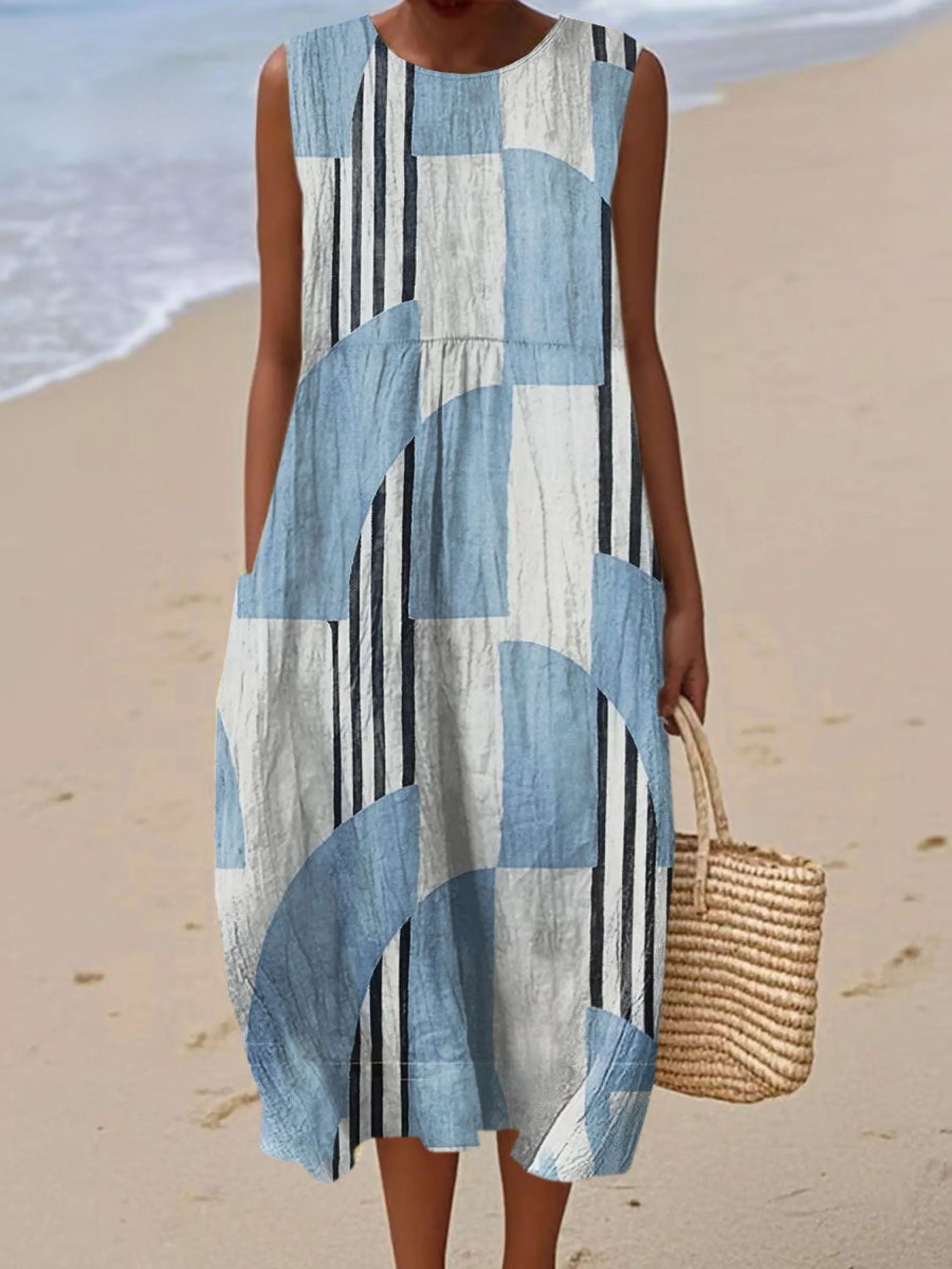 Women's Vintage Abstract Geometric Art Print Sleeveless Cotton Pocket Wrap Dress