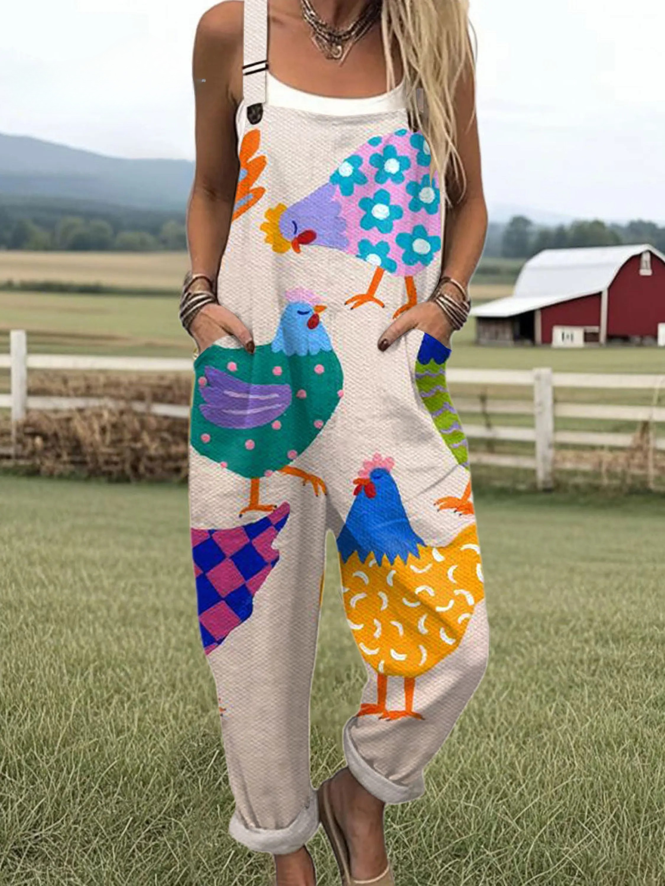 Women's Funny Chick Art Print Casual Cotton Wide Leg Jumpsuit