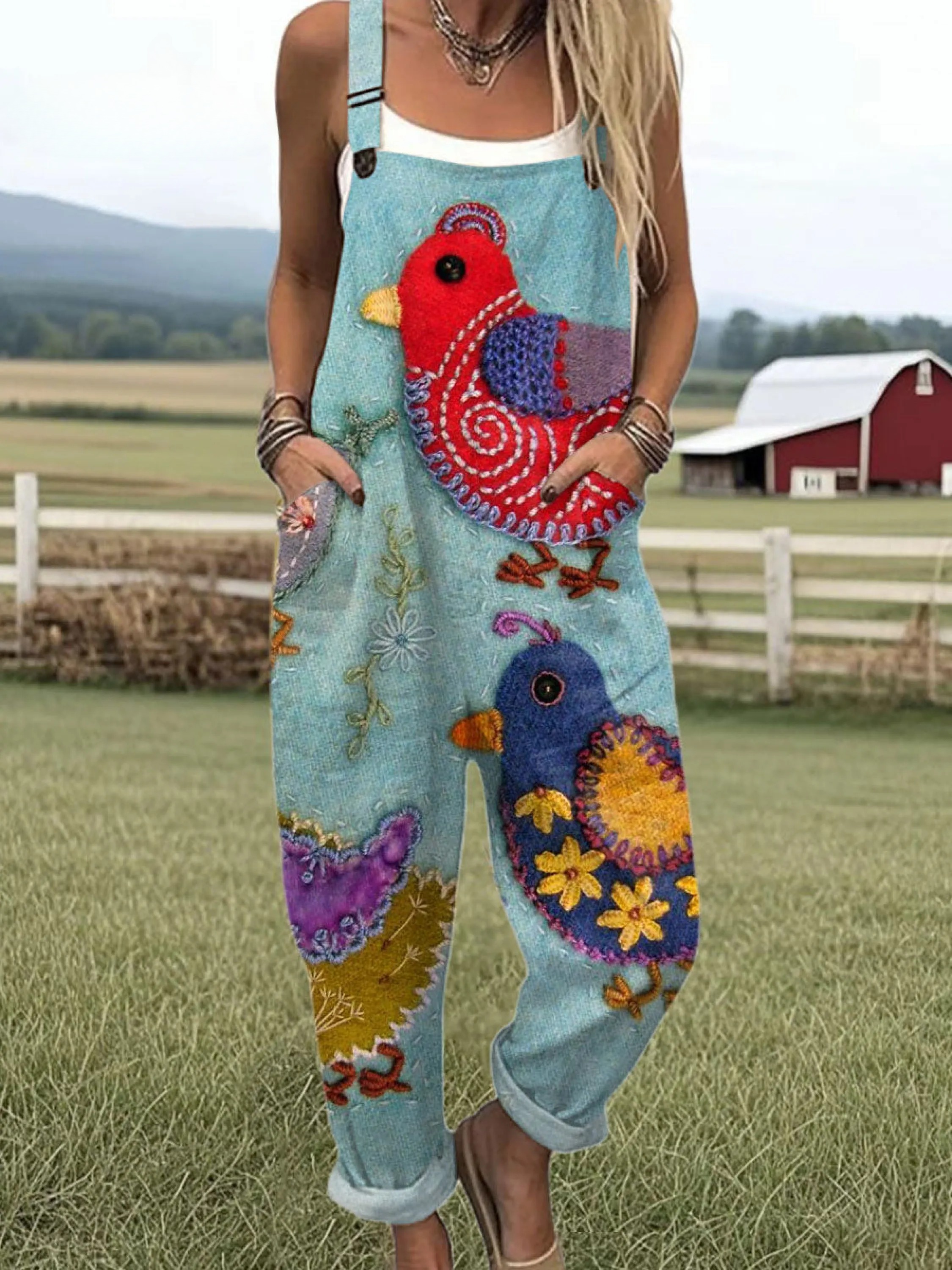 Women's Funny Chick Art Print Casual Cotton Wide Leg Jumpsuit
