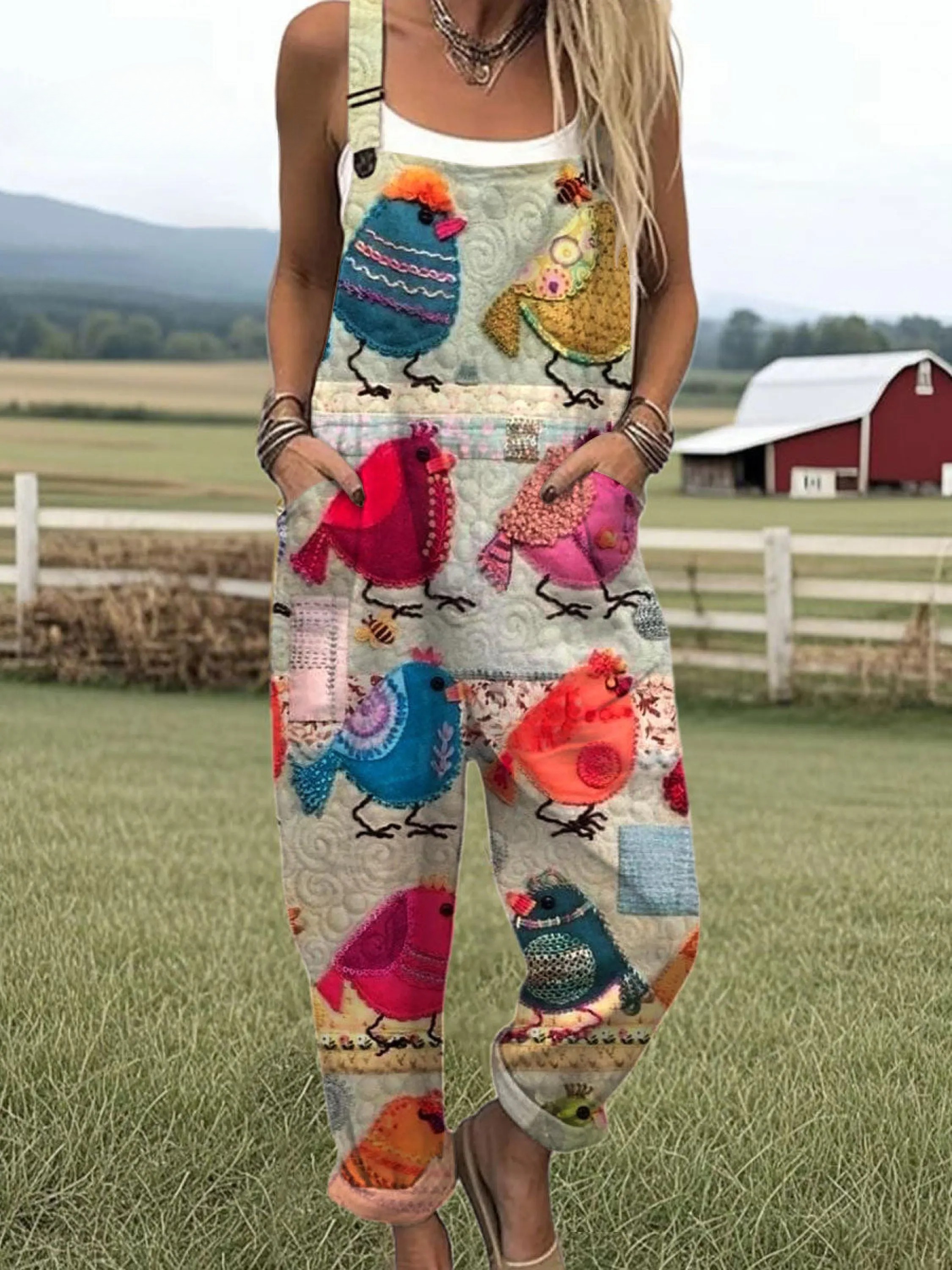 Women's Funny Chick Art Print Casual Cotton Wide Leg Jumpsuit