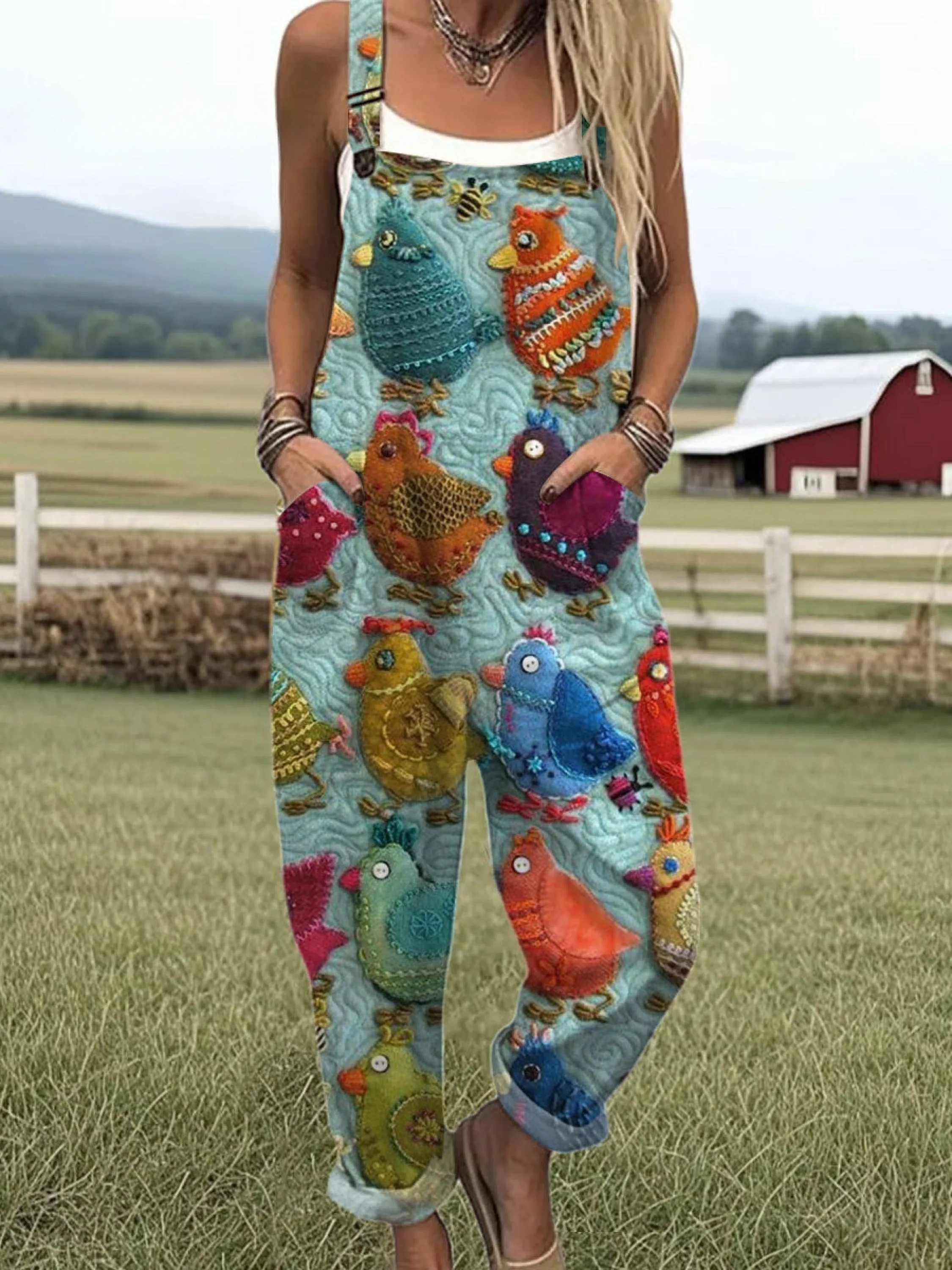 Women's Funny Chick Art Print Casual Cotton Wide Leg Jumpsuit