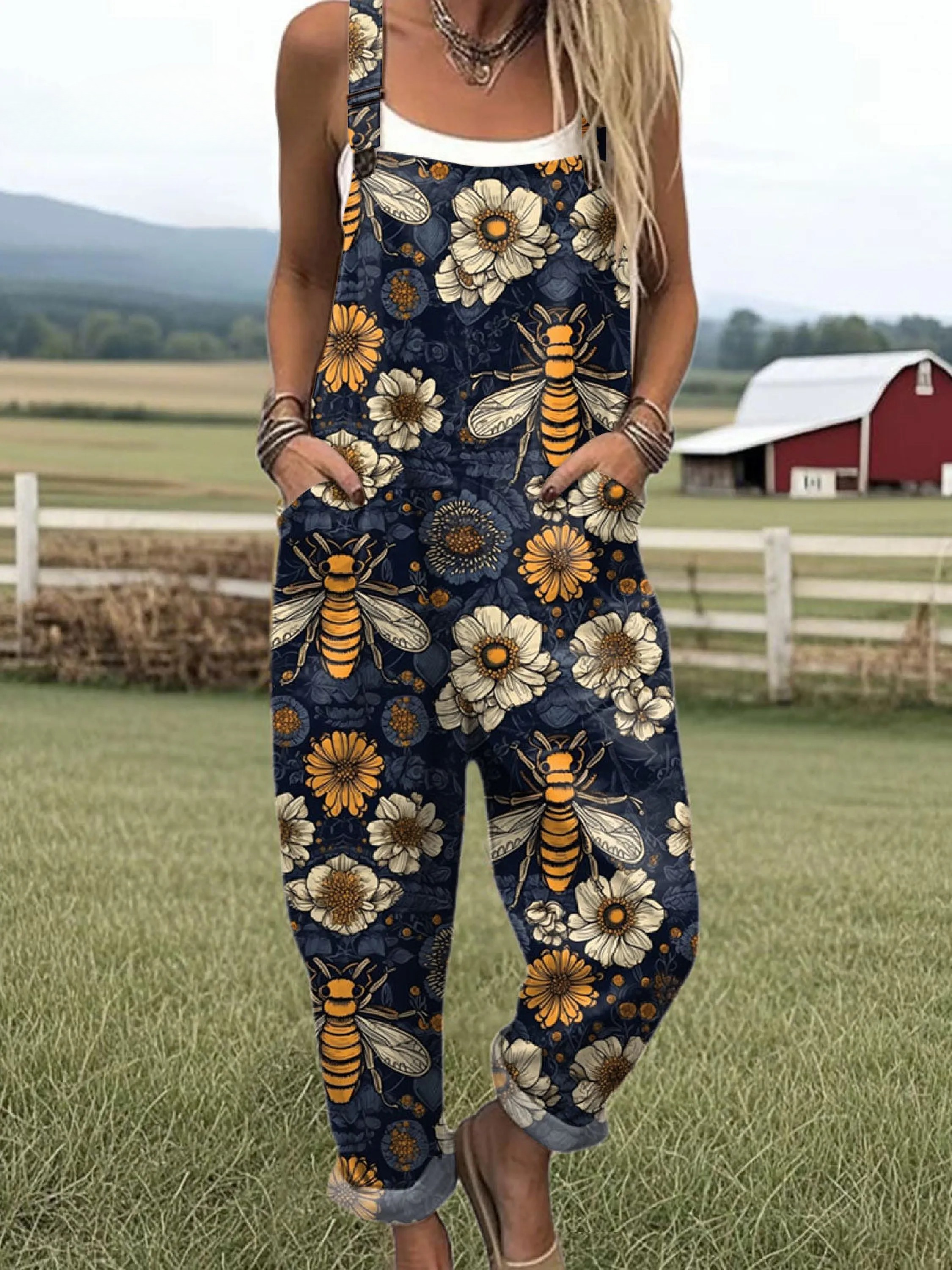 Women's Funny Bee Art Print Casual Cotton Wide Leg Jumpsuit