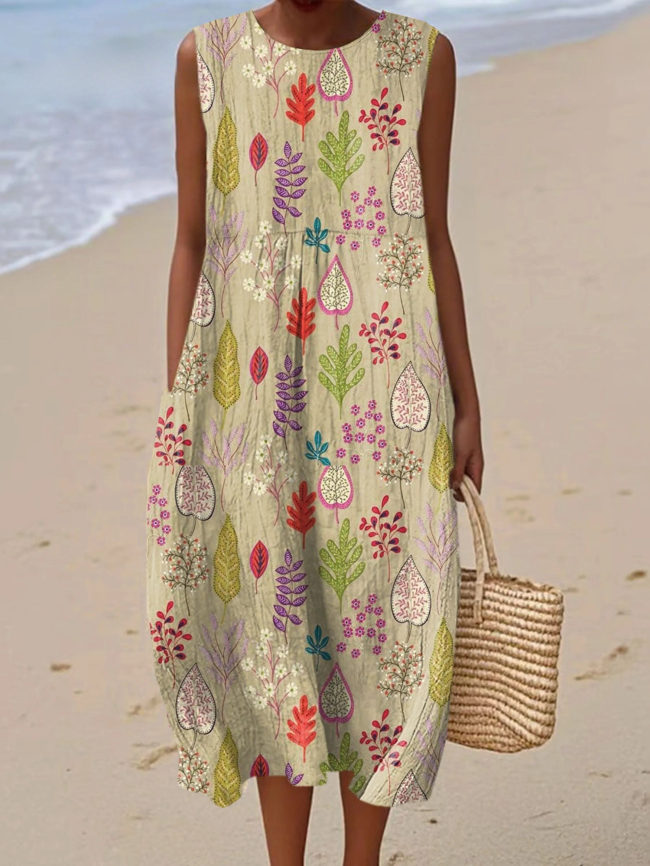 Women's Vintage  Floral Art Print Sleeveless Cotton Pocket Wrap Dress