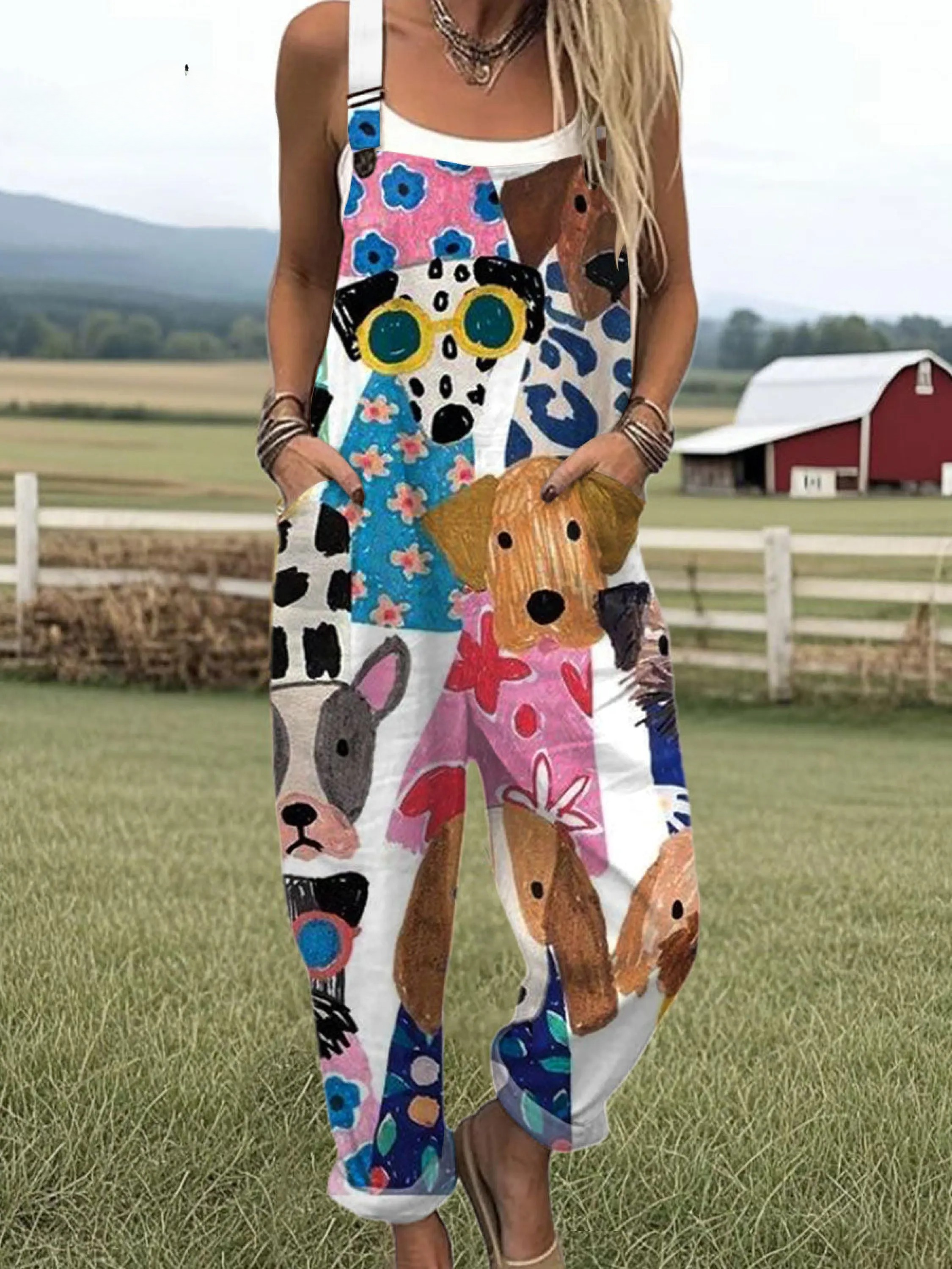 Women's  Funny Dog Art Print Casual Cotton Wide Leg Jumpsuit