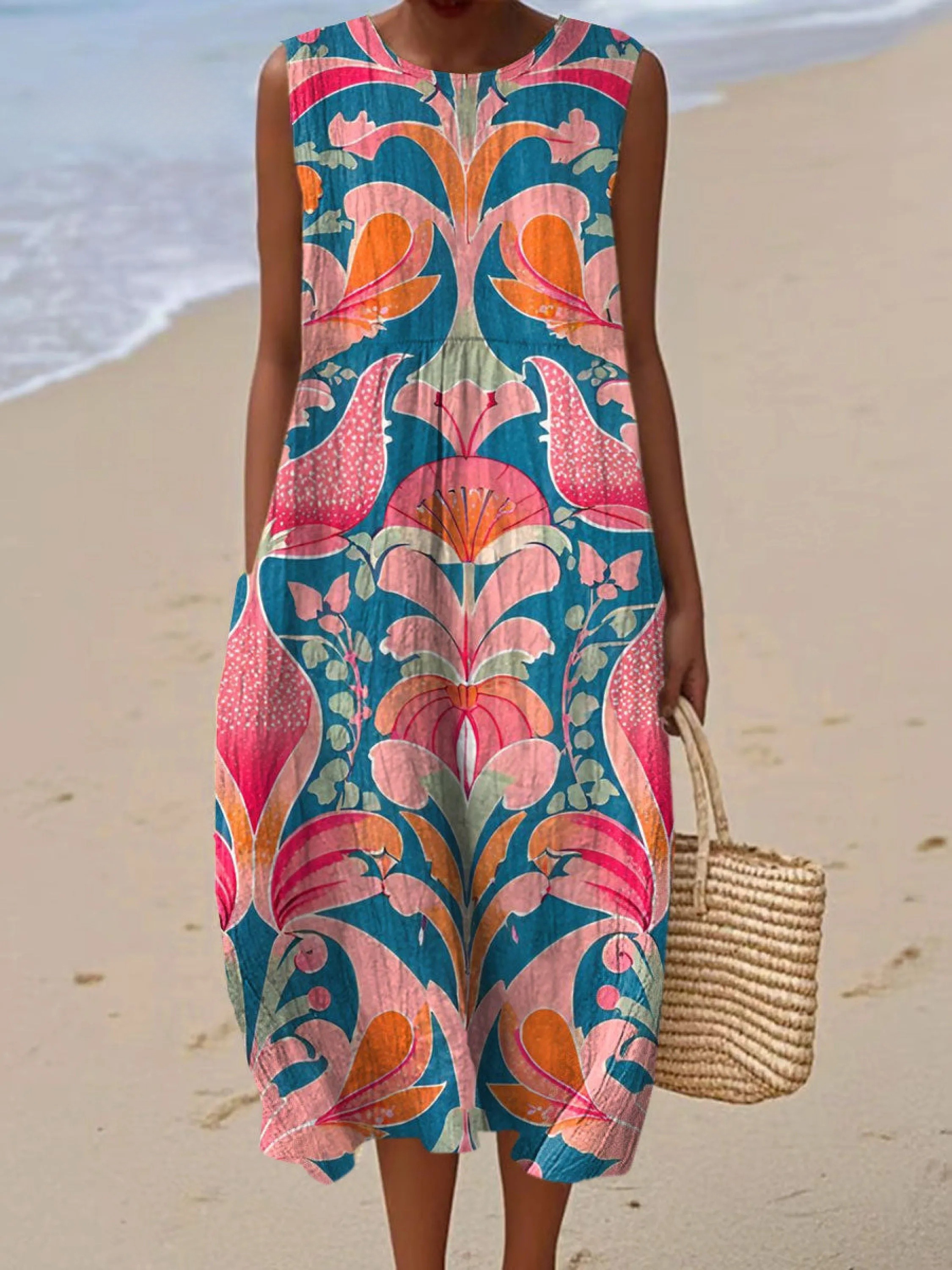 Women's Vintage Symmetry Flower Art Print Sleeveless Cotton Pocket Wrap Dress