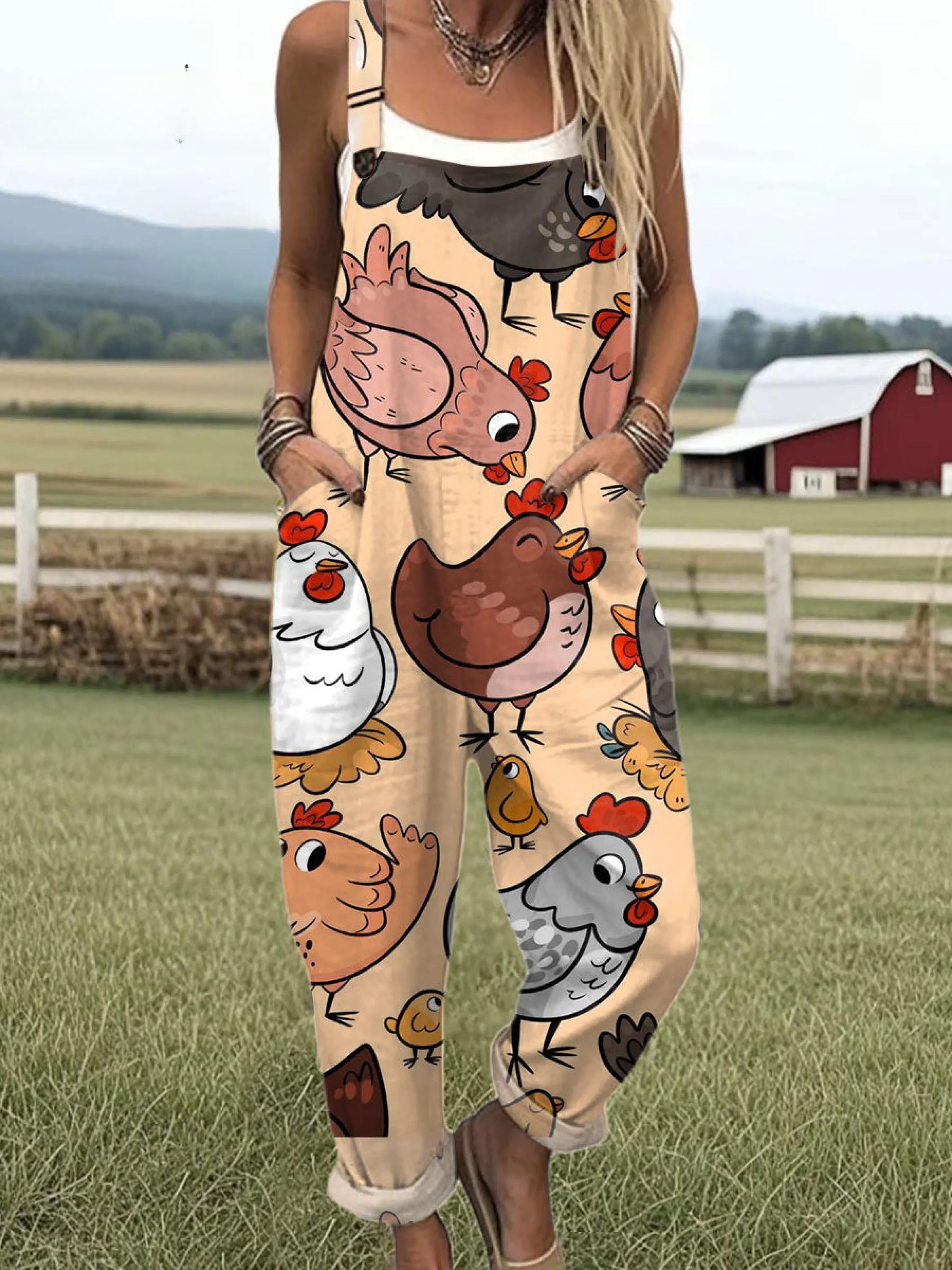 Women's Funny Chick Art Print Casual Cotton Wide Leg Jumpsuit