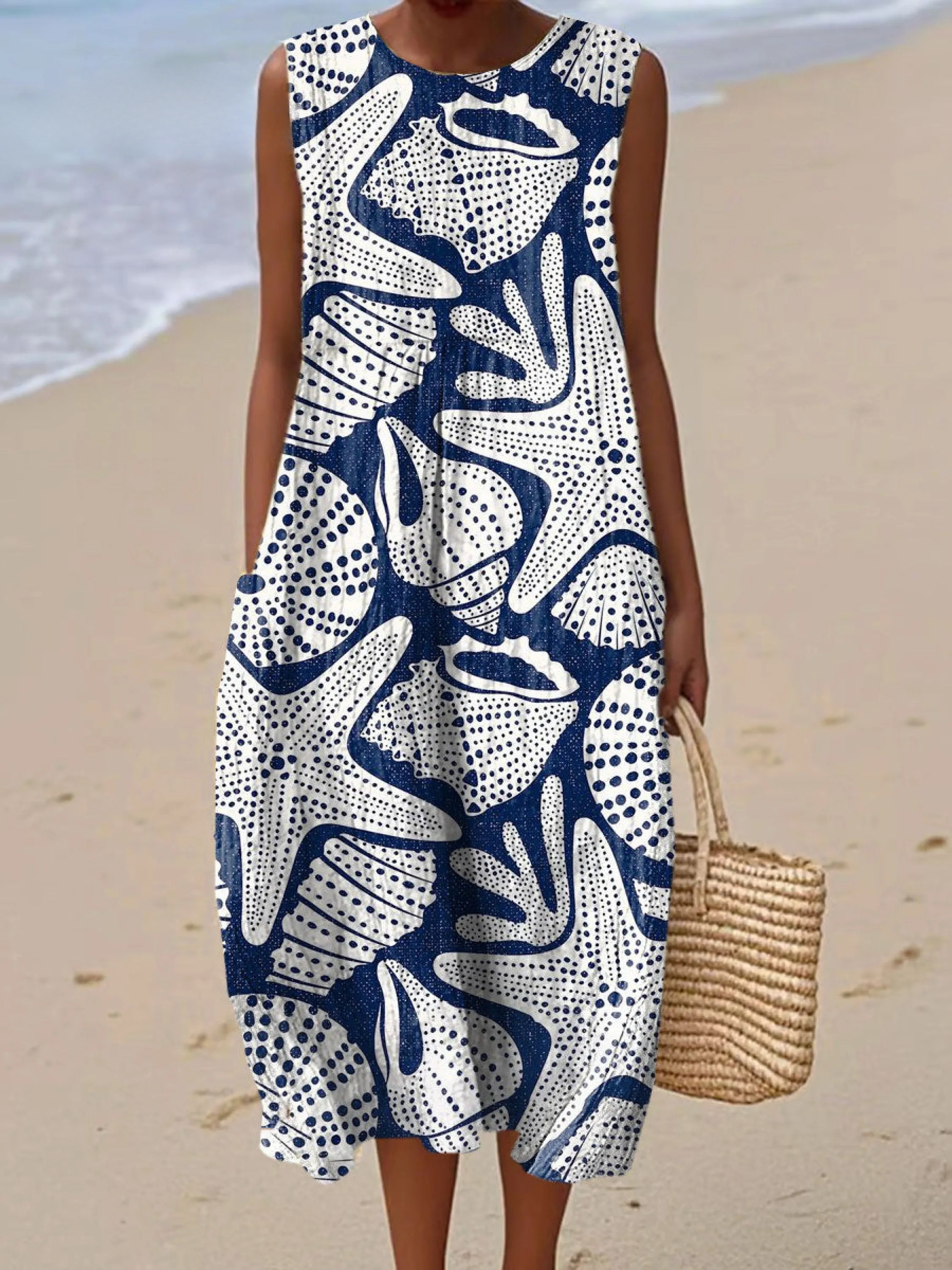 Women's Vintage Maritime Museum Art Print Sleeveless Cotton Pocket Wrap Dress