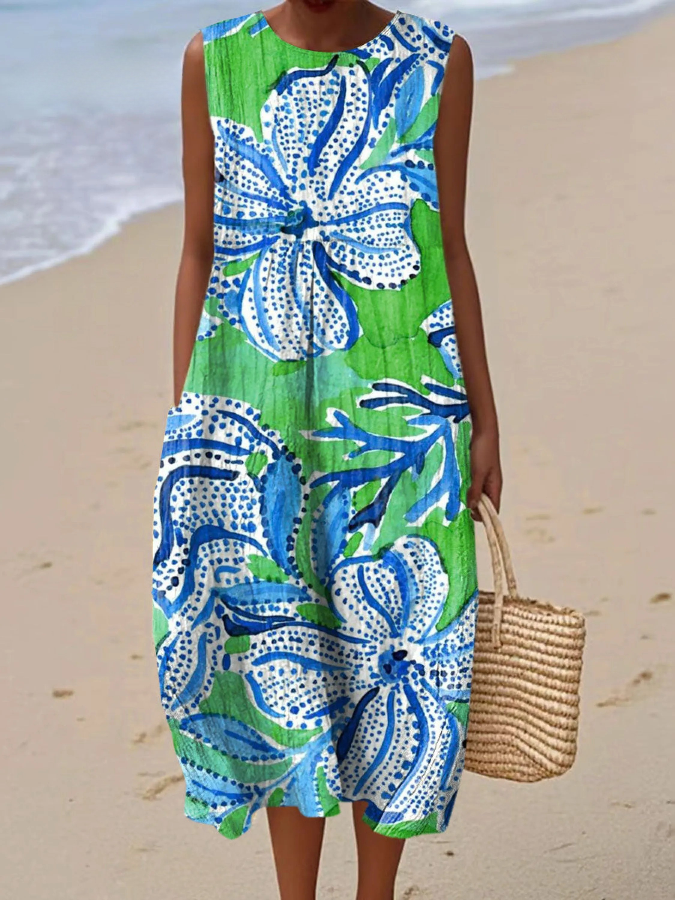 Women's Vintage Flower  Art Print Sleeveless Cotton Pocket Wrap Dress