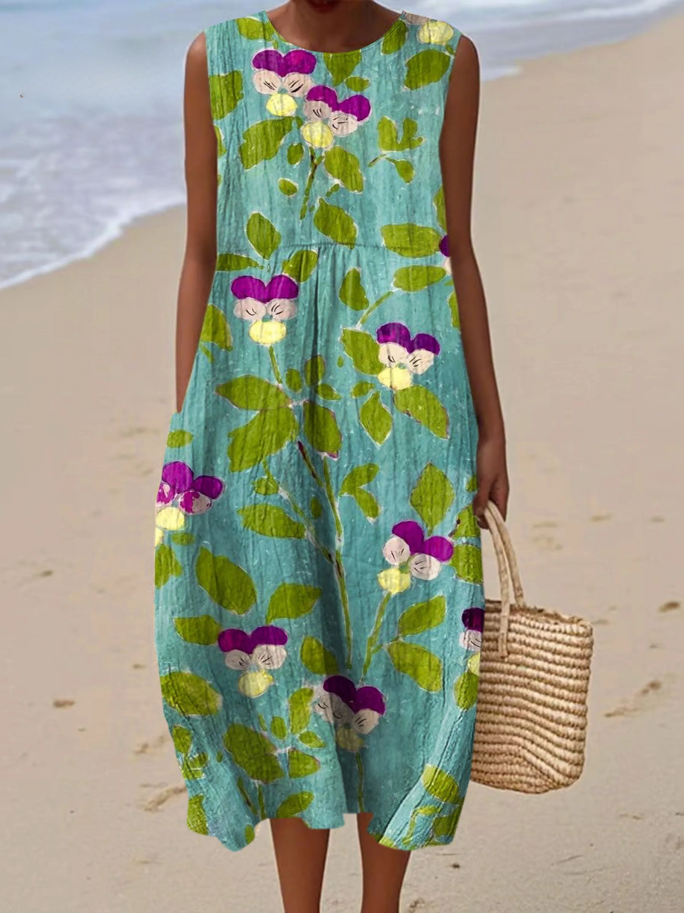 Women's Vintage Flower  Art Print Sleeveless Cotton Pocket Wrap Dress