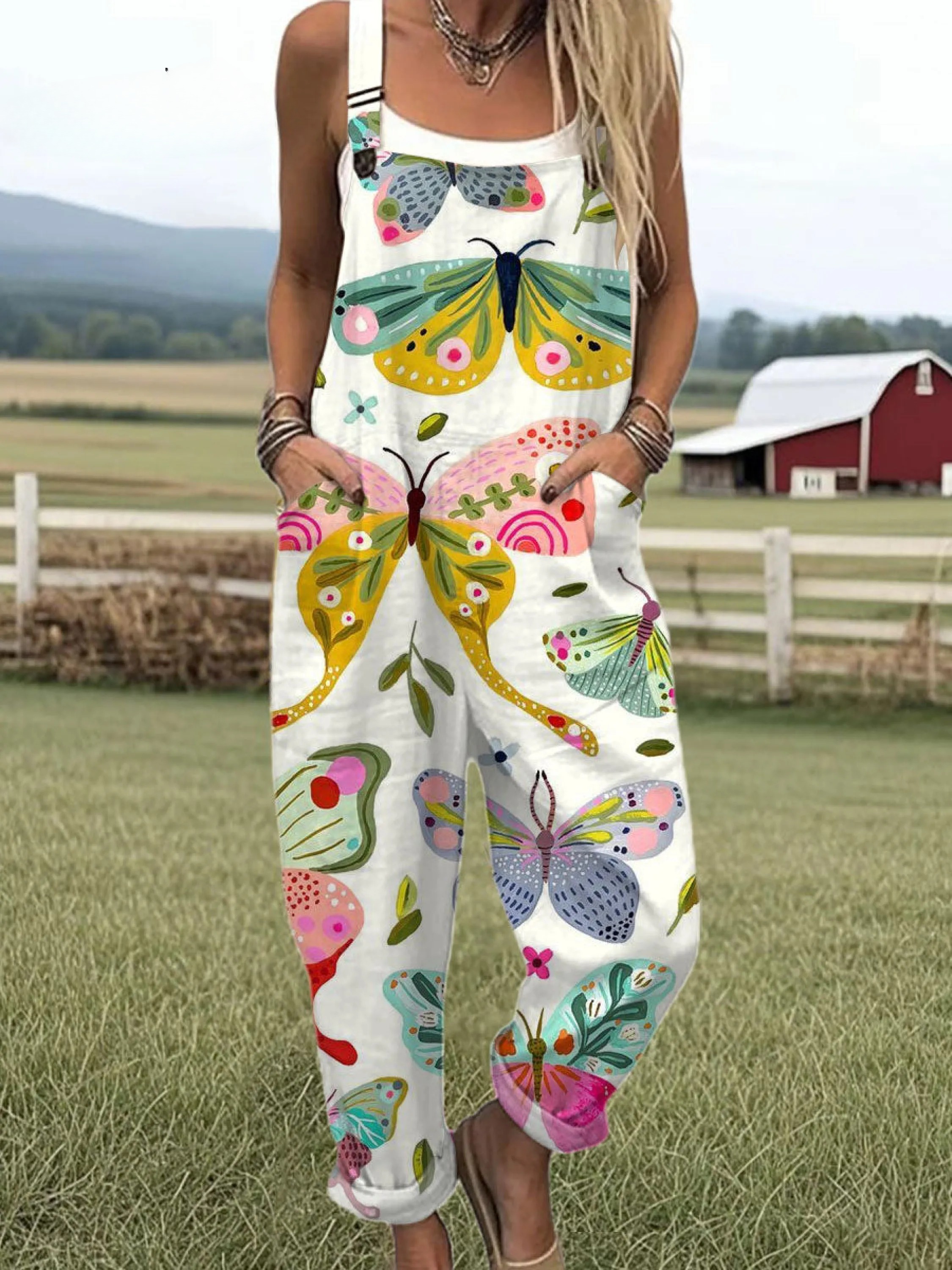 Women's  Vintage Butterfly  Art Print Casual 100% Cotton Wide Leg Jumpsuit