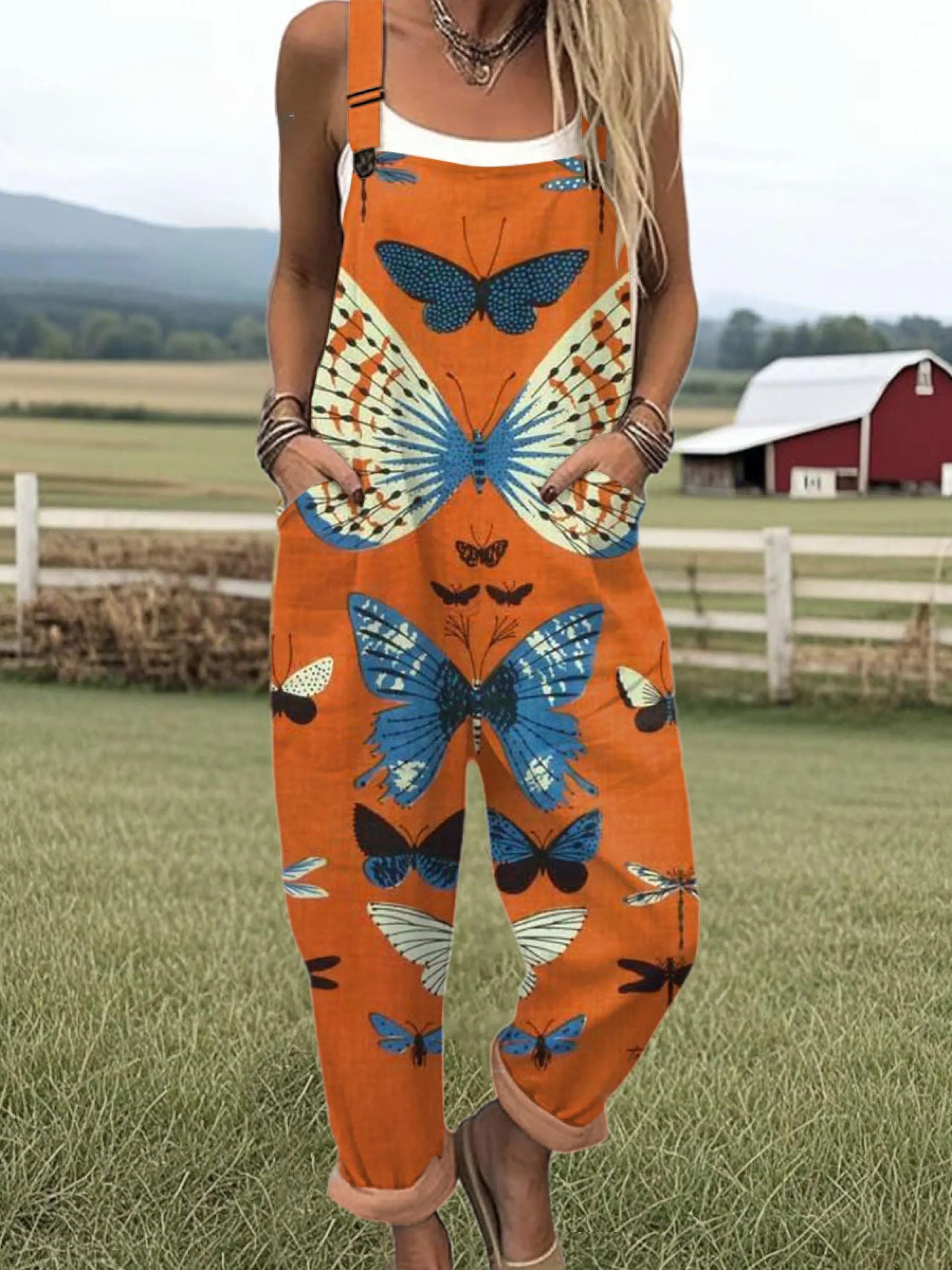 Women's  Vintage Butterfly  Art Print Casual 100% Cotton Wide Leg Jumpsuit