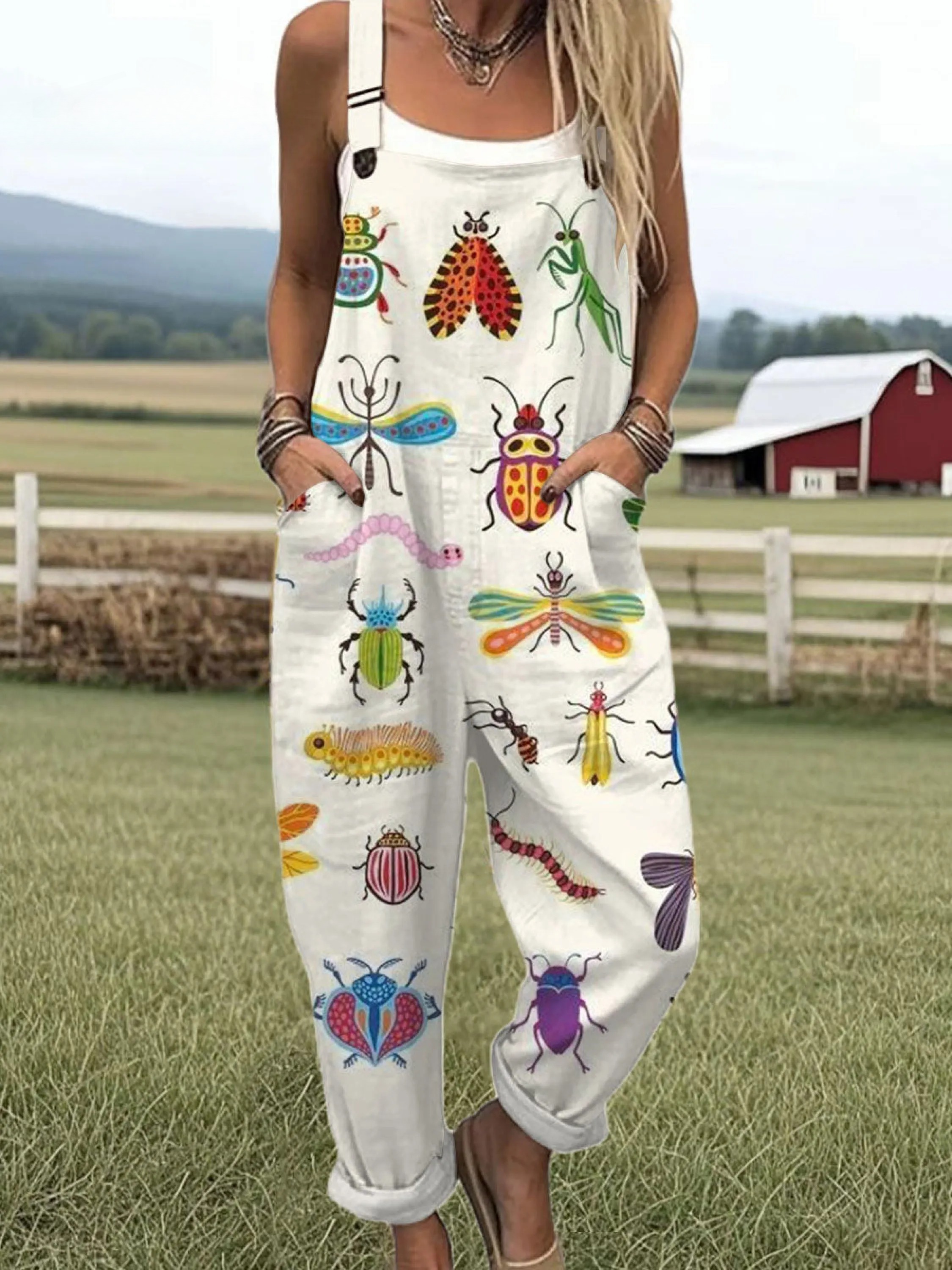 Women's  Vintage  Insect Museum Art Print Casual 100% Cotton Wide Leg Jumpsuit