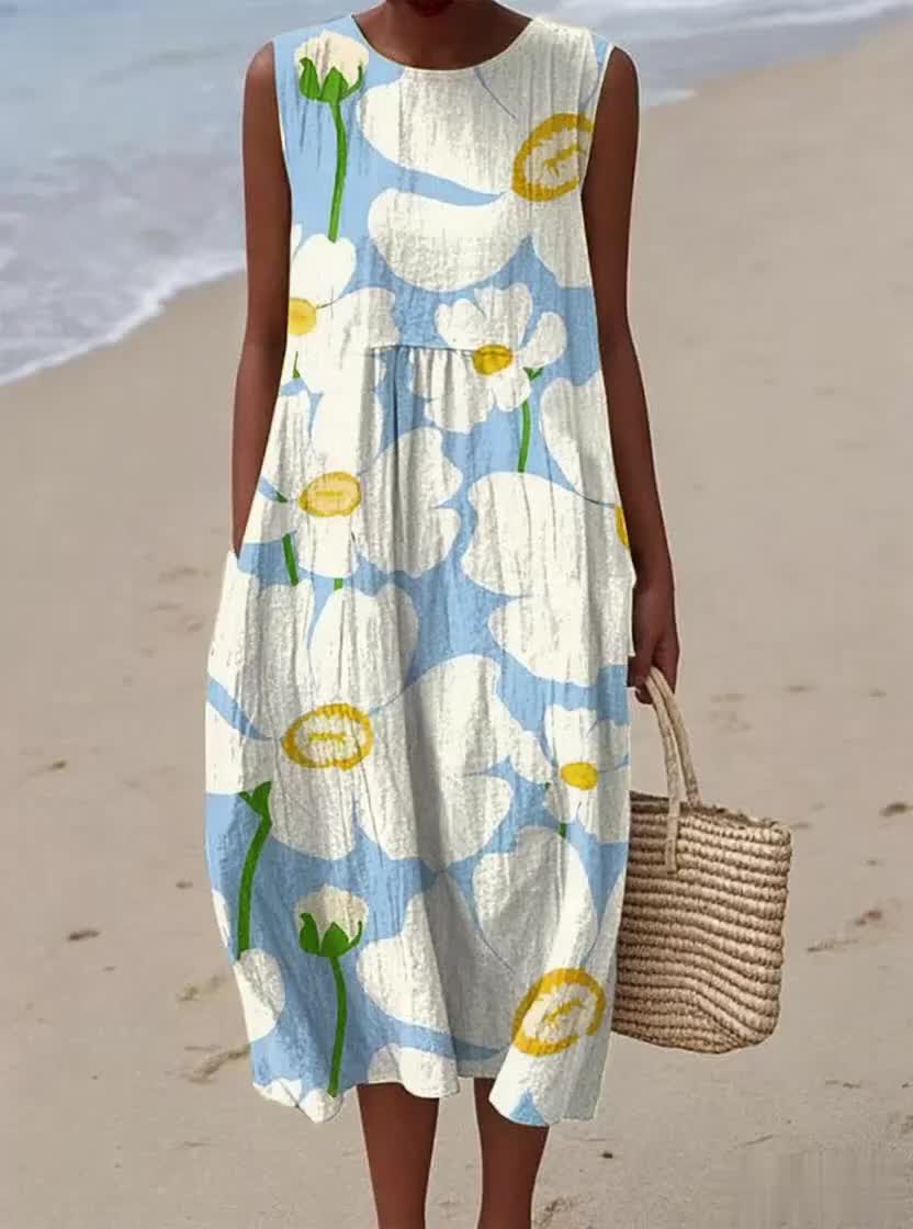 Women's Vintage Flower Art Print Sleeveless Cotton Pocket Wrap Dress