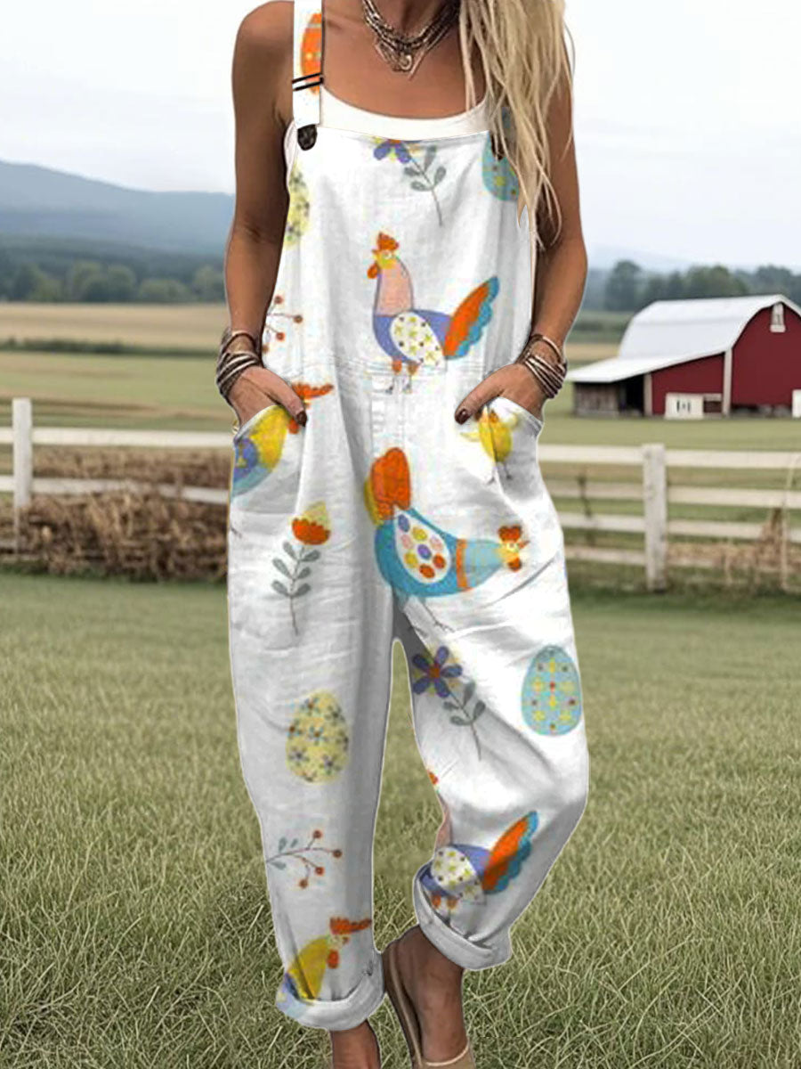Women's Funny Chicken Art Print Casual 100% Cotton Wide Leg Jumpsuit
