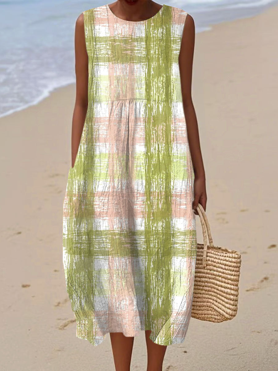 Women's Vintage Abstract Plaid Art Print Sleeveless Cotton Pocket Wrap Dress