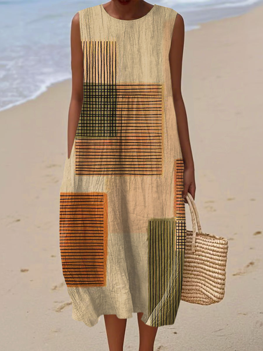 Women's Vintage Abstract Plaid Art Print Sleeveless Cotton Pocket Wrap Dress