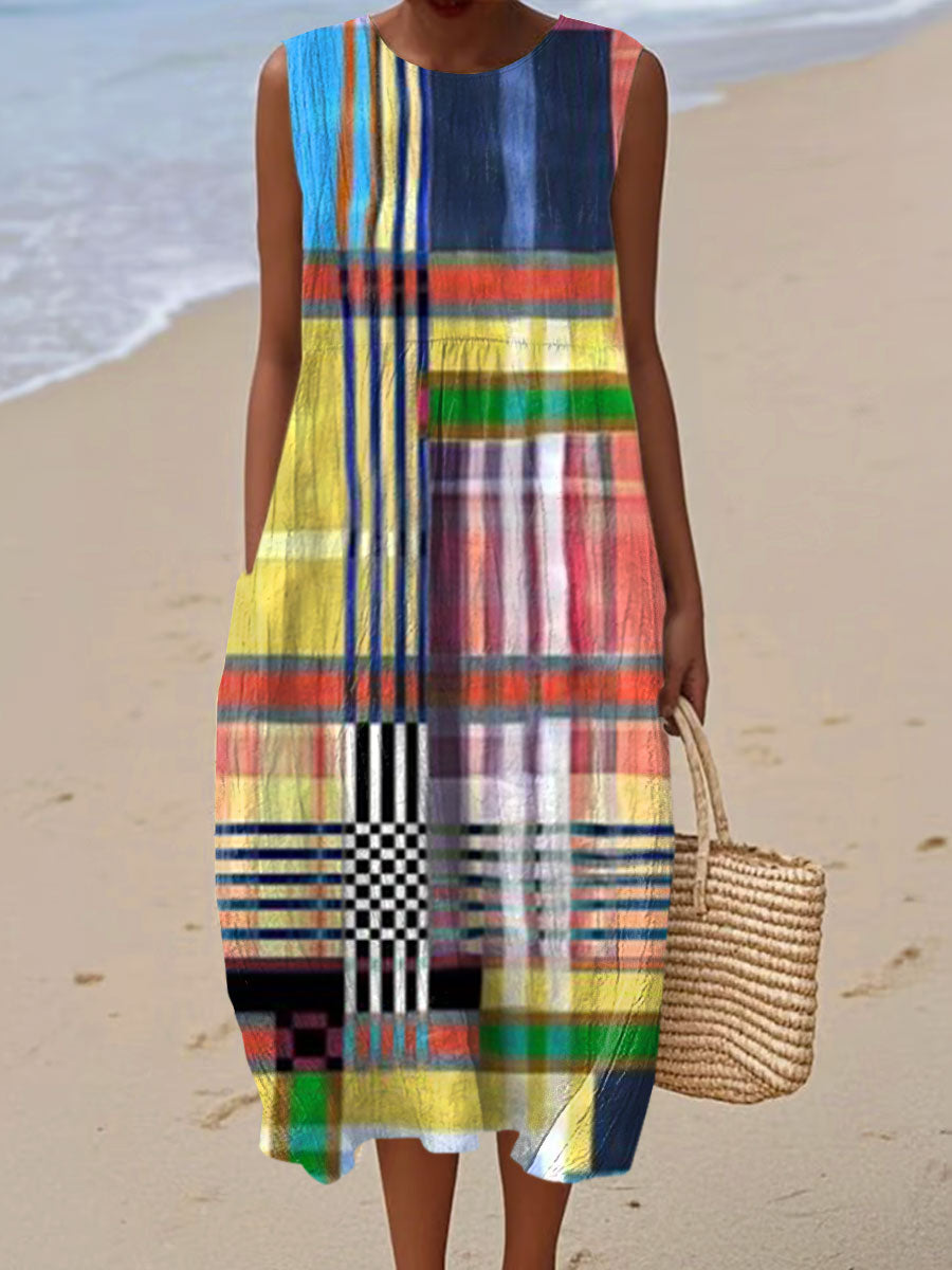 Women's Vintage Abstract Plaid Art Print Sleeveless Cotton Pocket Wrap Dress