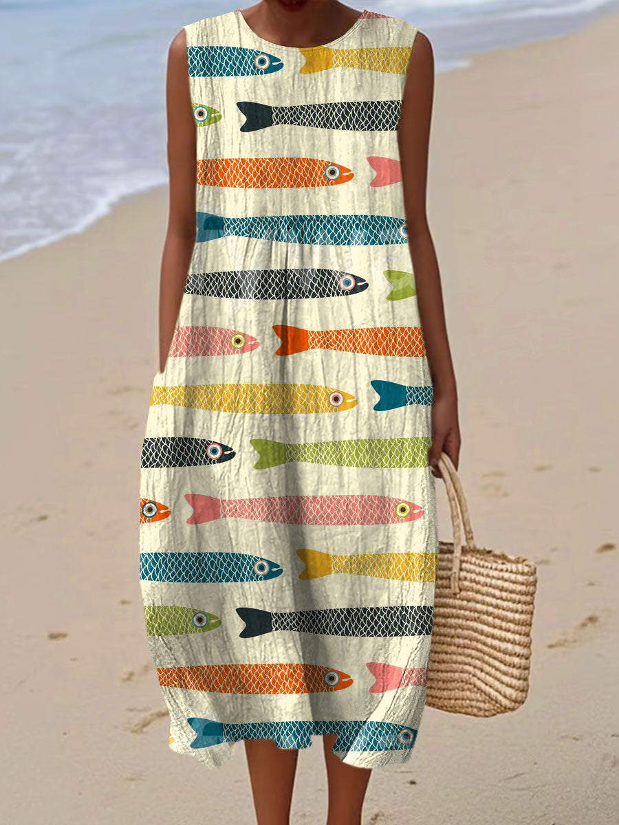 Women's Vintage Fish  Art Print Sleeveless Cotton Pocket Wrap Dress
