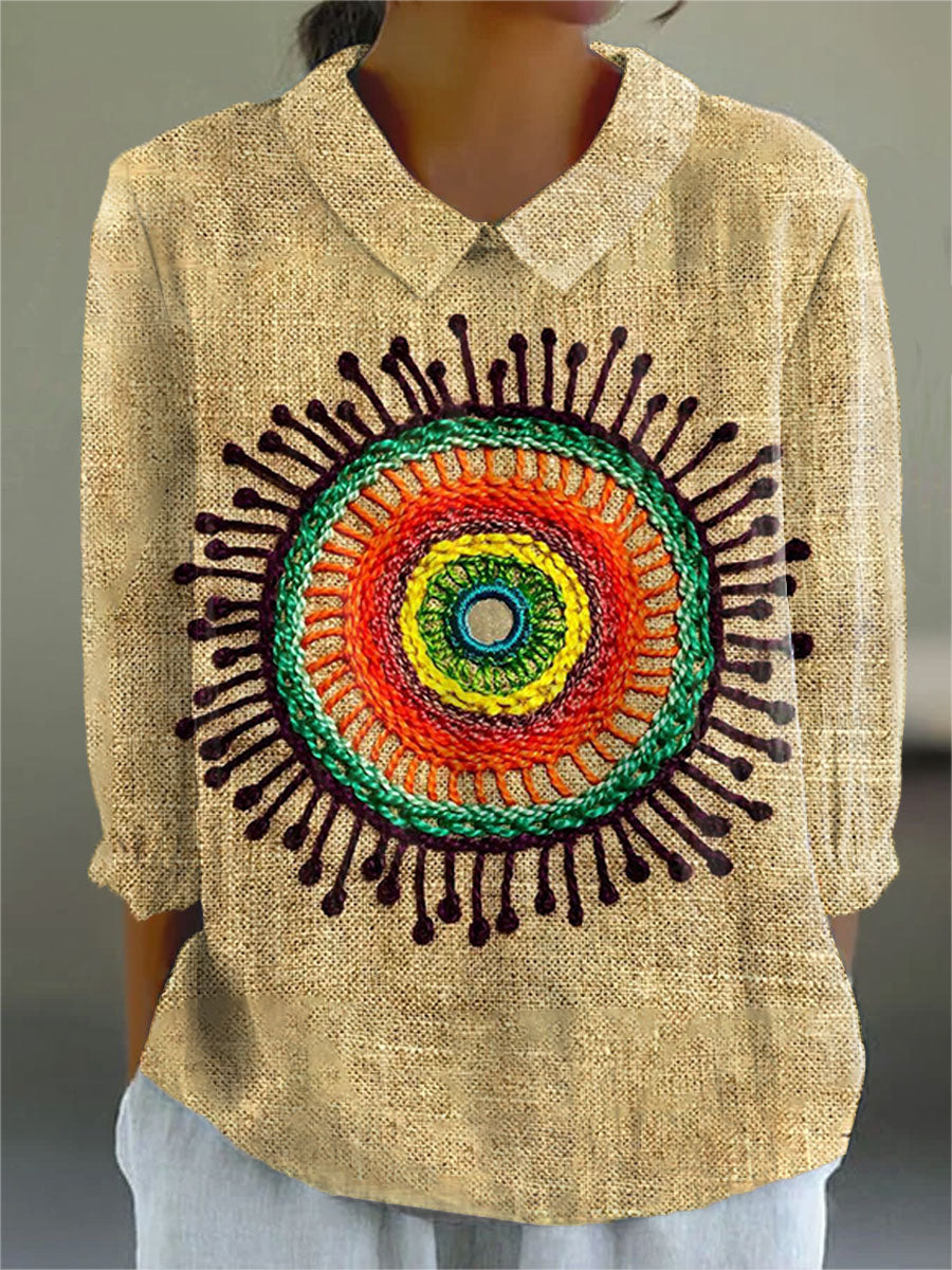 Women's Vintage Psychedelic Collage Sunflower Retro Hippie Art Pattern Art Print Casual 3/4 Sleeve Shirt