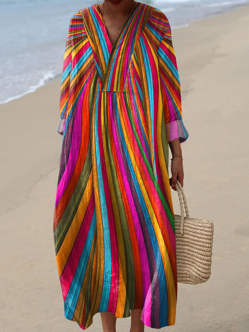 Women's Vintage Rainbow Stripe Art Print Dress