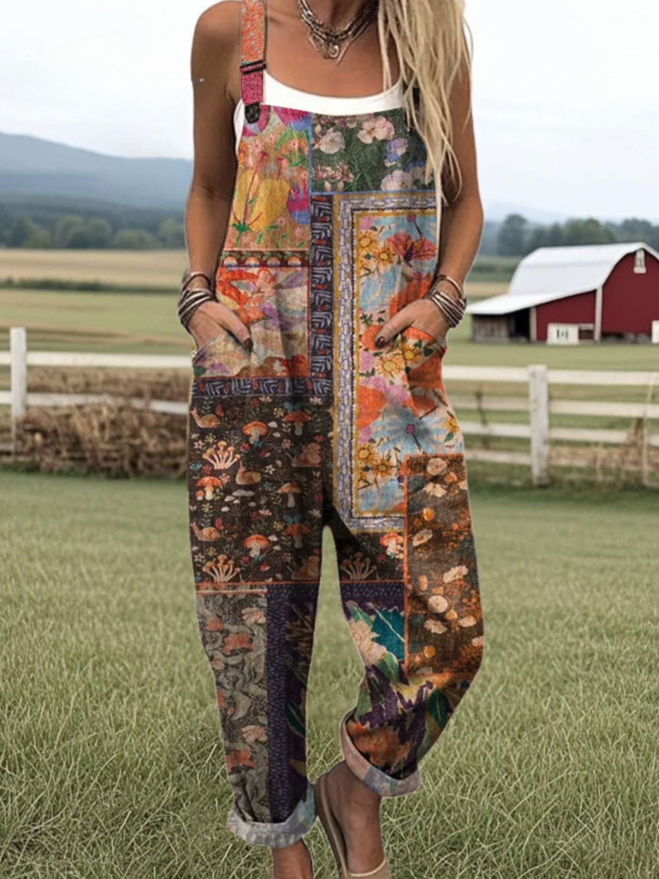 Women's  Patchwork Floral Art Print Casual 100% Cotton Wide Leg Jumpsuit
