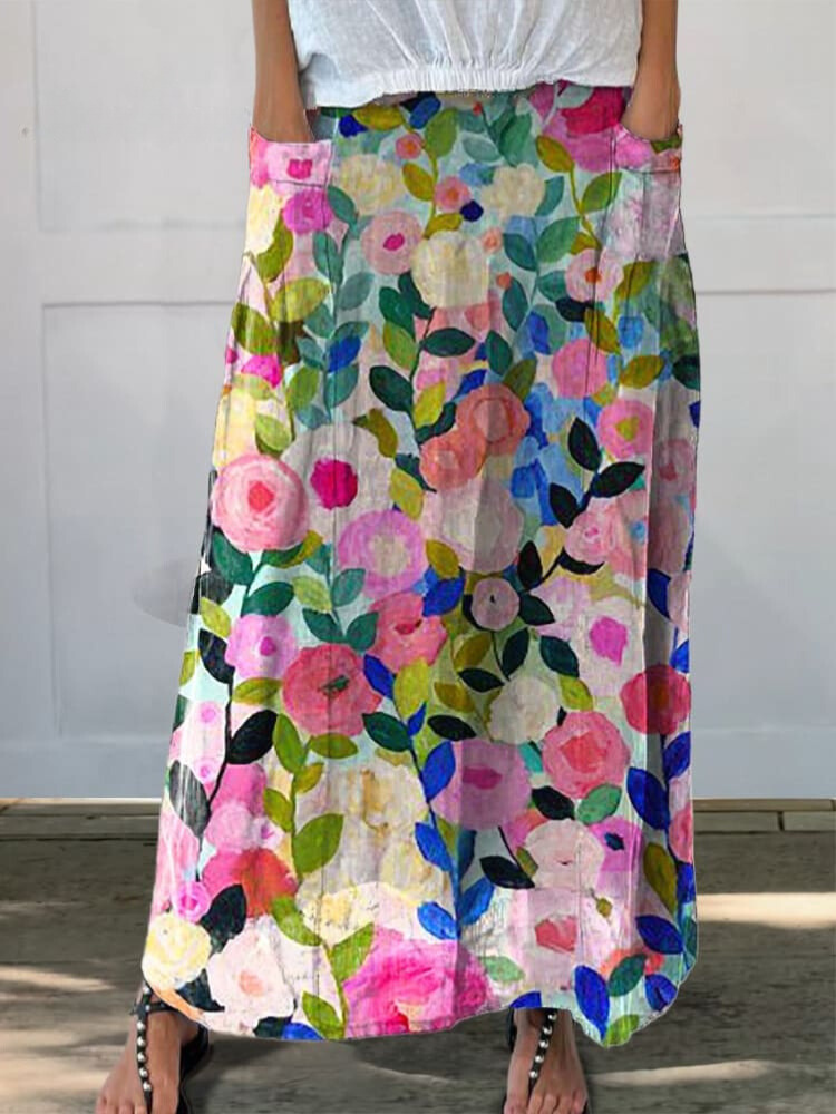 Colorful Spring Floral Garden Printed Women's Linen Pocket Skirt