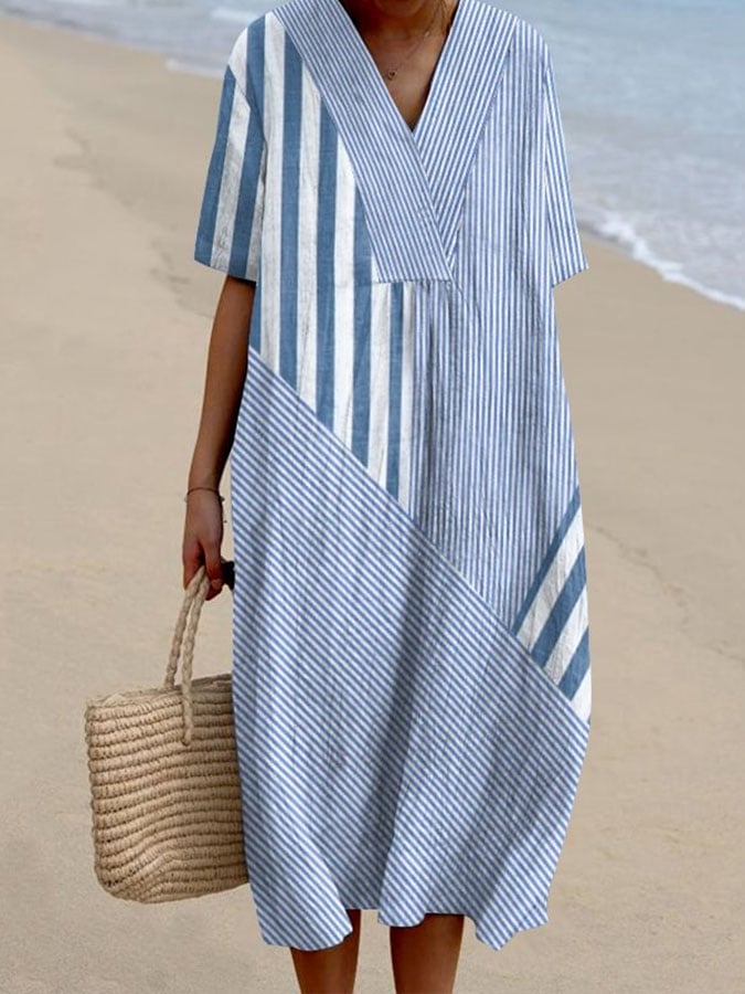 Women's Casual V Neck Striped Print Color Block Dress