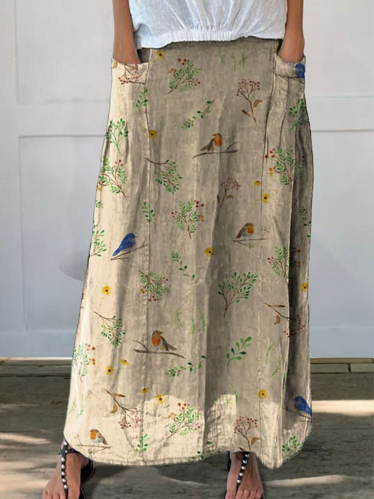 Women's Retro Floral Birds Art Casual Linen Pocket Skirt